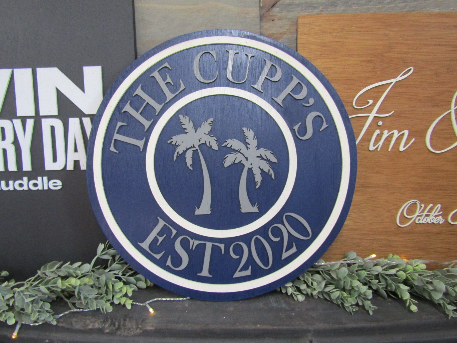 Beach House Theme Custom Made Sign Palm Trees Established Wedding Gift Last Name Round 3d Sign Personalized Handmade Wooden Home Sign