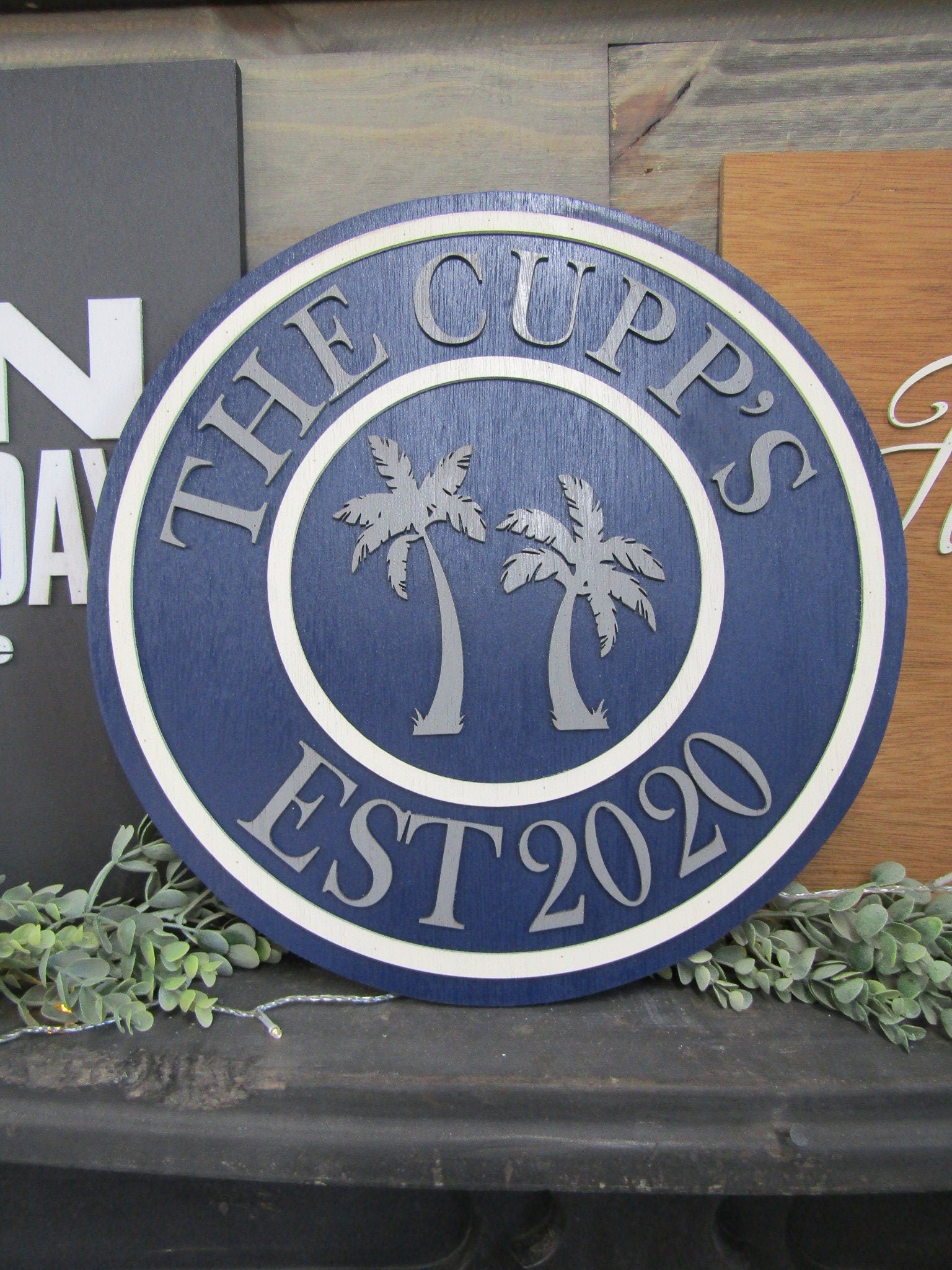 Beach House Theme Custom Made Sign Palm Trees Established Wedding Gift Last Name Round 3d Sign Personalized Handmade Wooden Home Sign