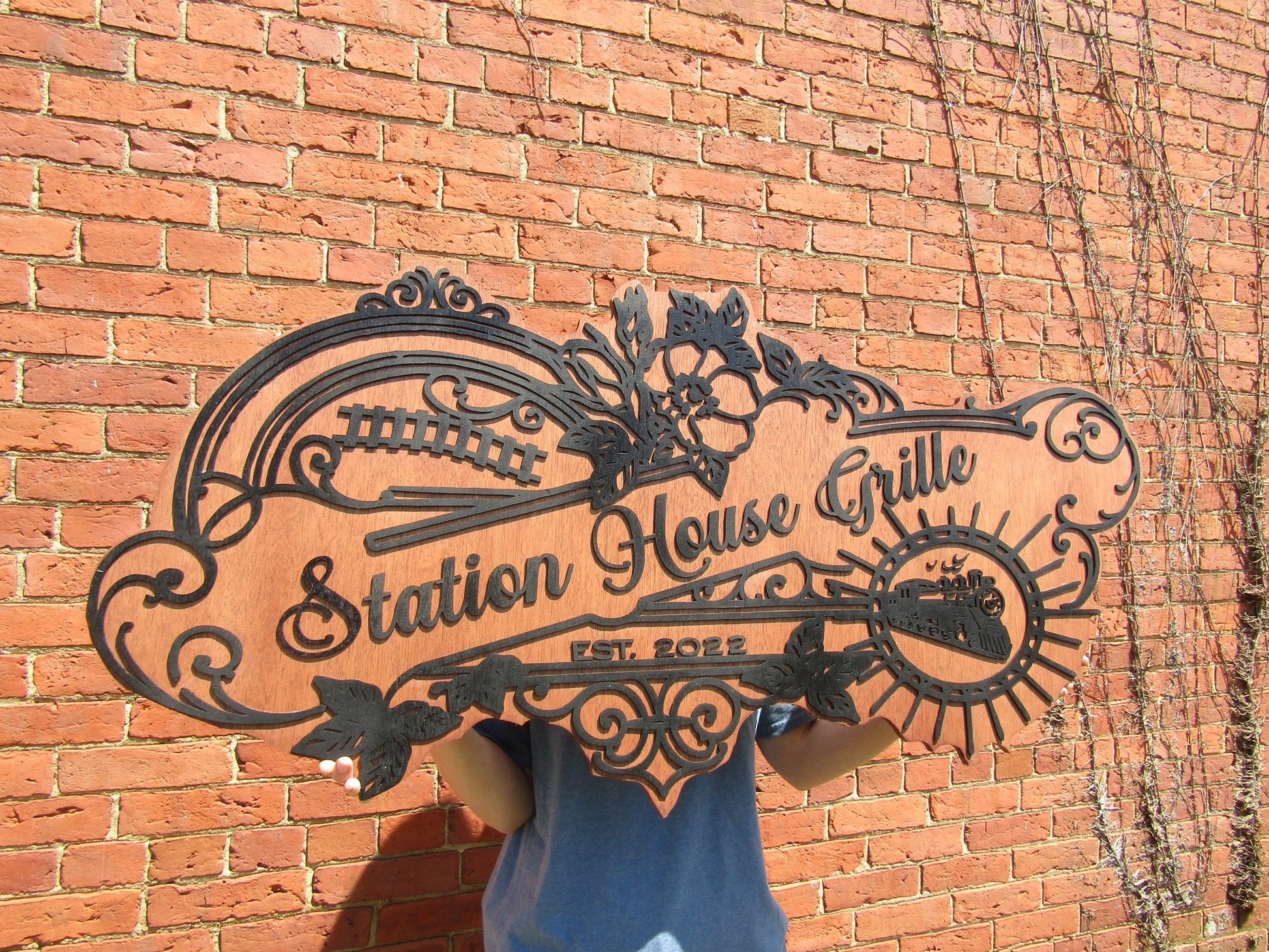 Custom Business Sign Restaurant Grille Commerical Small Business We Use Your Actual Graphic Train Station Wood Laser Cut Out 3D Extra Large
