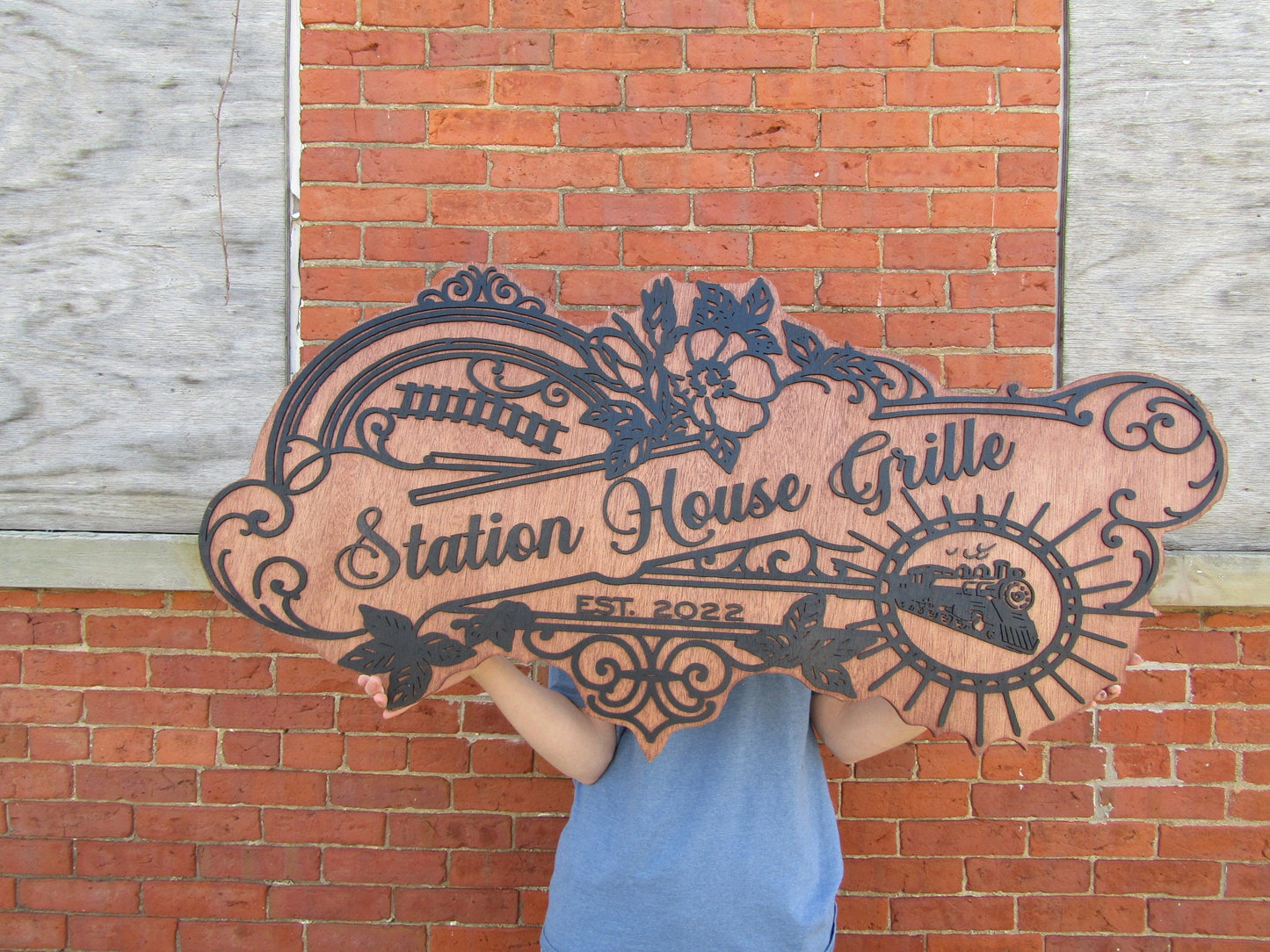 Custom Business Sign Restaurant Grille Commerical Small Business We Use Your Actual Graphic Train Station Wood Laser Cut Out 3D Extra Large