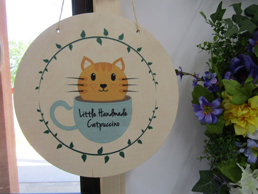 Your Actual Logo Round Cat Cappuccino Small Business Hanging Sign Business Custom Circle Personalized Home Decor Plaque Color Wood Print
