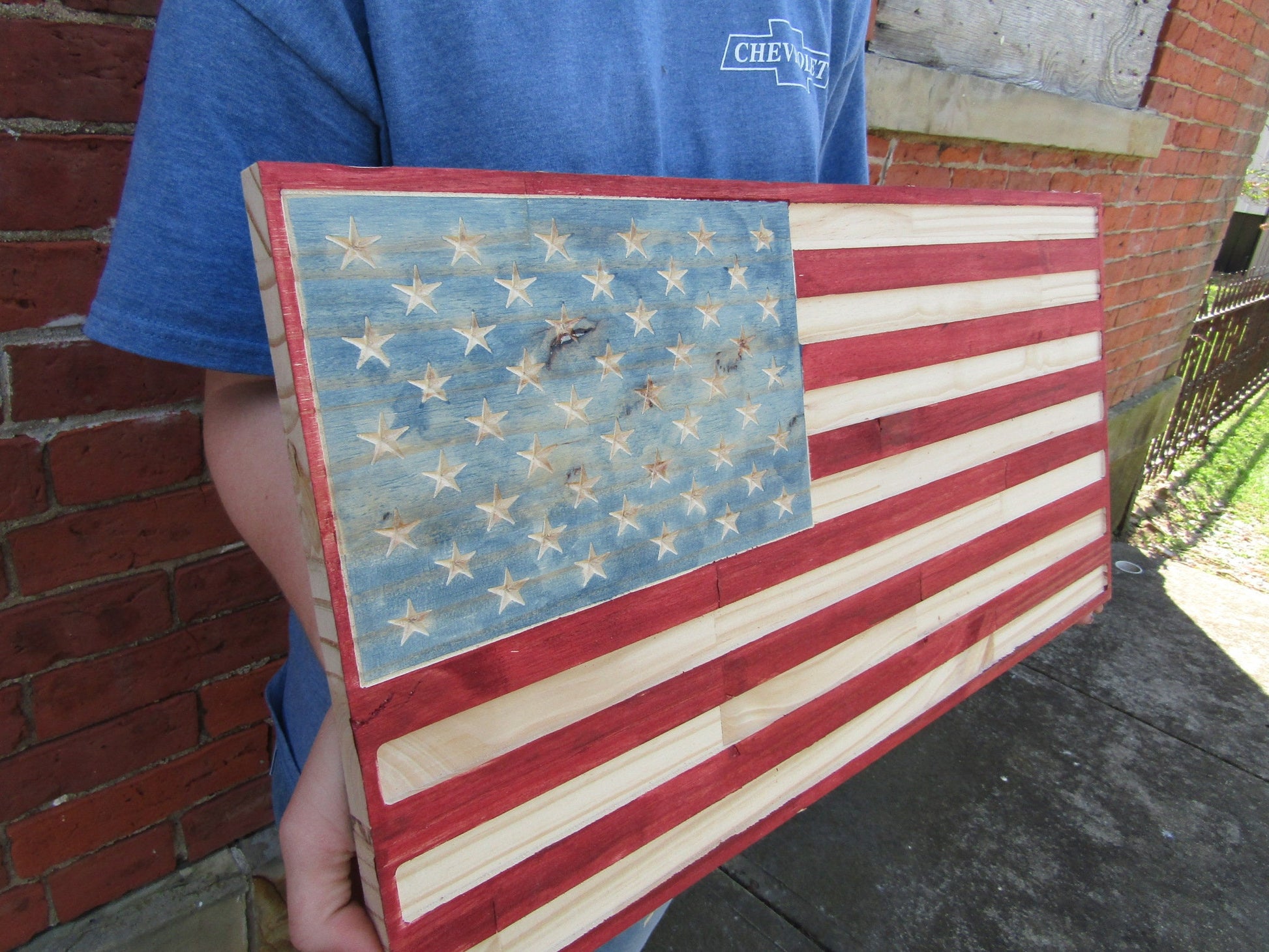 Routed Patriotic American Flag Decor Carved Engraved Stained Rustic Country Farmhouse Style Oversized Porch Handmade Home Decor Fathers Day