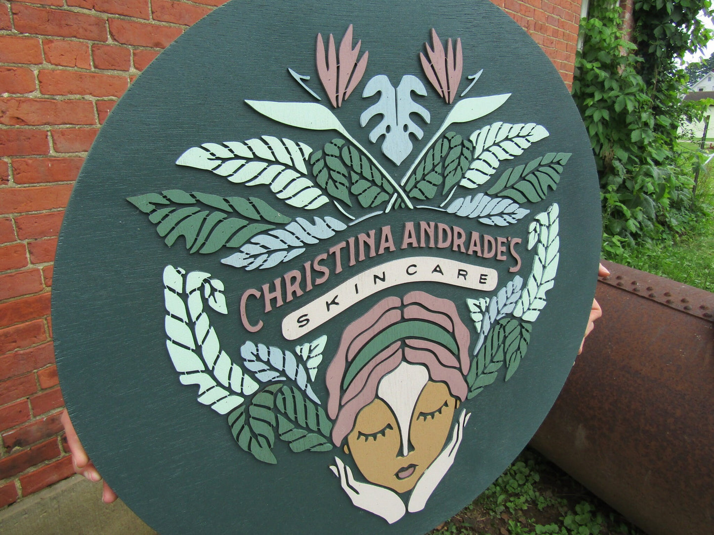 Custom Skincare Beautiful Garden Face Hands Actual Logo Spa Wellness Handmade Wooden Round Sign Commerical Signage 3D Natural Tropical