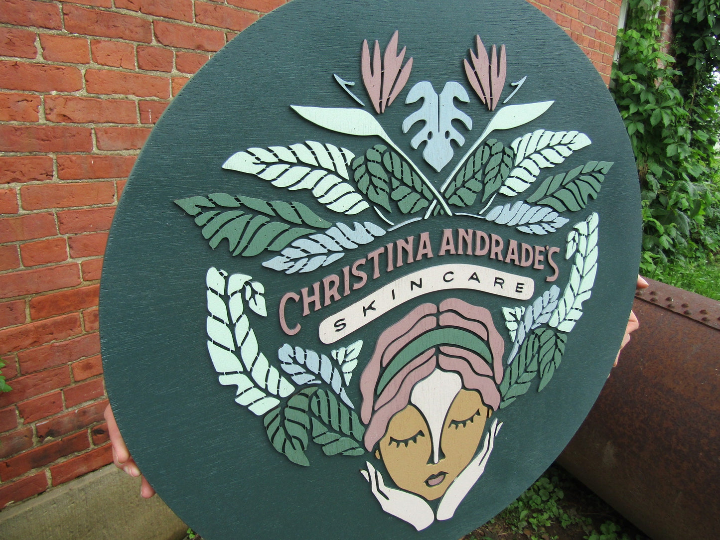 Custom Skincare Beautiful Garden Face Hands Actual Logo Spa Wellness Handmade Wooden Round Sign Commerical Signage 3D Natural Tropical