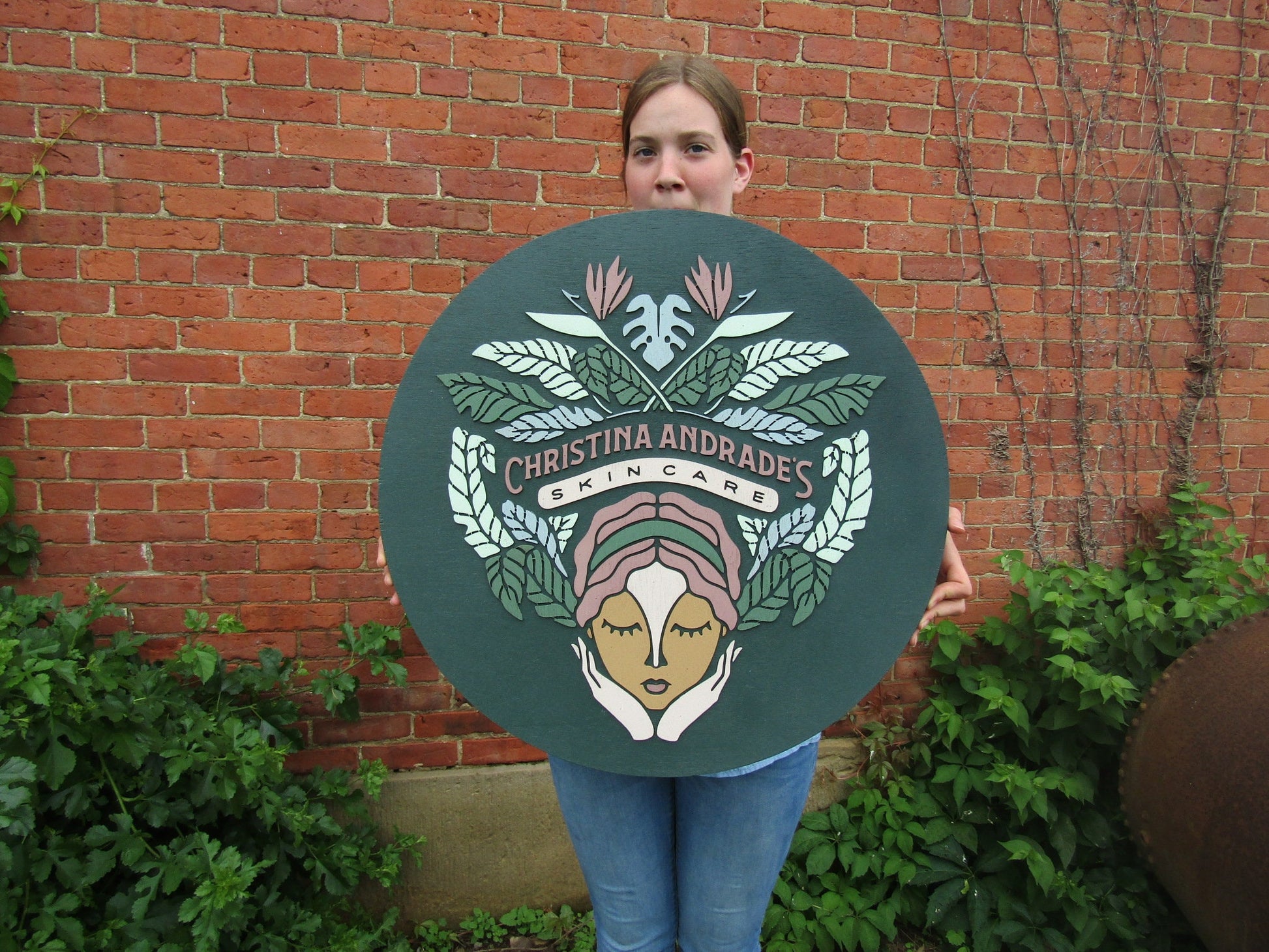 Custom Skincare Beautiful Garden Face Hands Actual Logo Spa Wellness Handmade Wooden Round Sign Commerical Signage 3D Natural Tropical