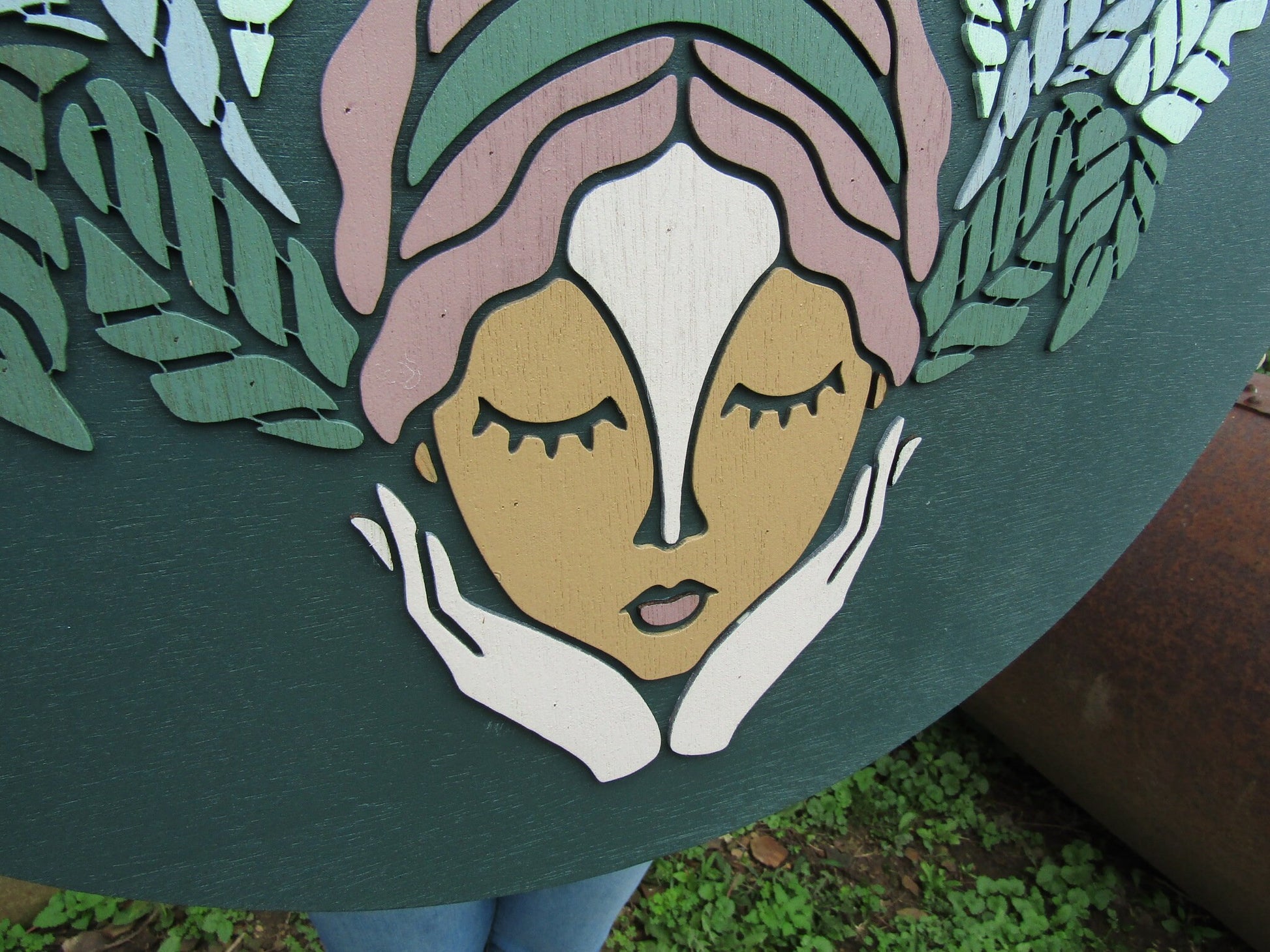 Custom Skincare Beautiful Garden Face Hands Actual Logo Spa Wellness Handmade Wooden Round Sign Commerical Signage 3D Natural Tropical