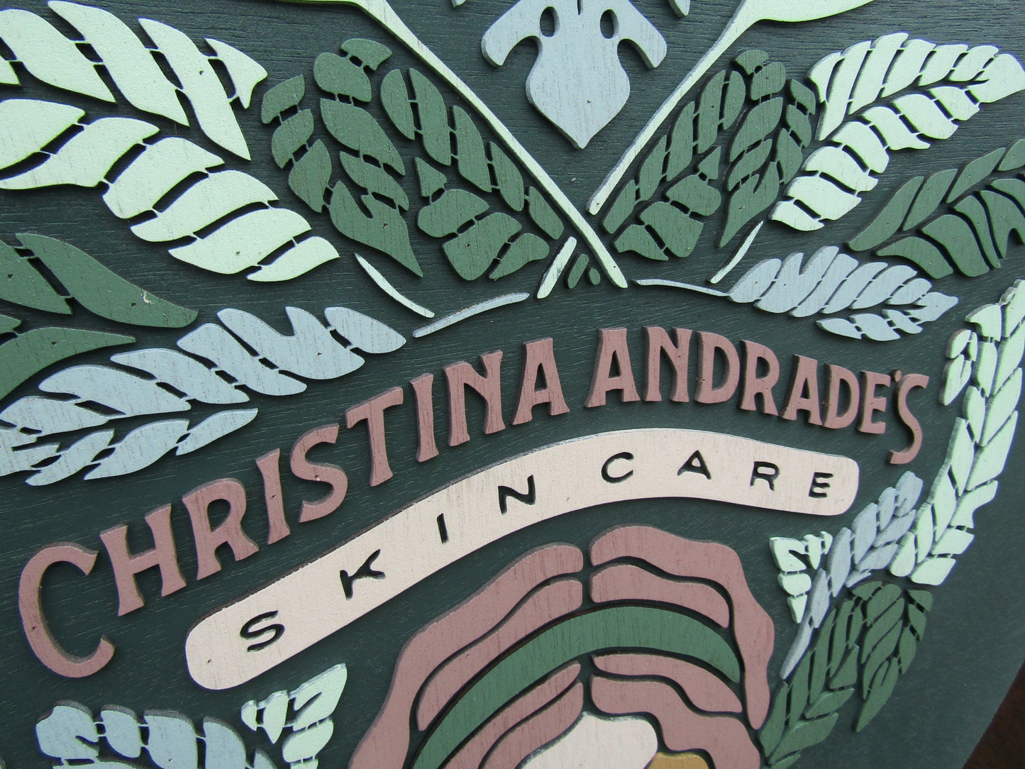 Custom Skincare Beautiful Garden Face Hands Actual Logo Spa Wellness Handmade Wooden Round Sign Commerical Signage 3D Natural Tropical