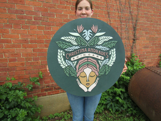 Custom Skincare Beautiful Garden Face Hands Actual Logo Spa Wellness Handmade Wooden Round Sign Commerical Signage 3D Natural Tropical