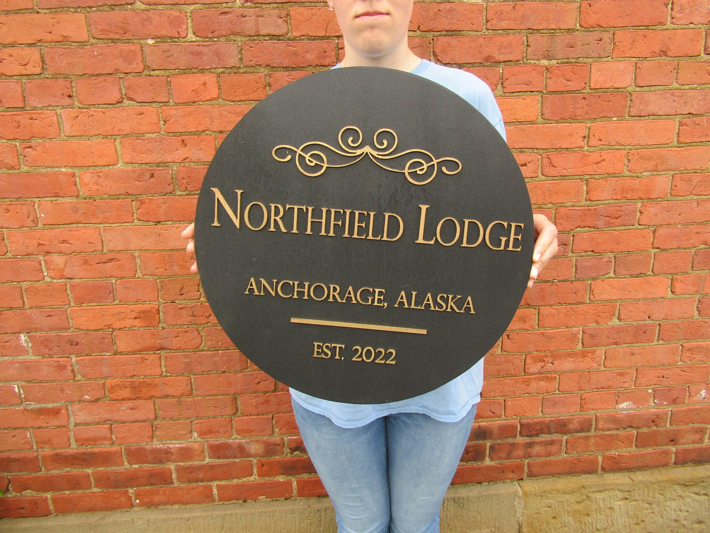 Round Lodge Sign Established Ship to Alaska Black Gold Victorian Scroll Custom Handmade Wooden Sign Raised Text 3D Vacation Outdoor Indoor