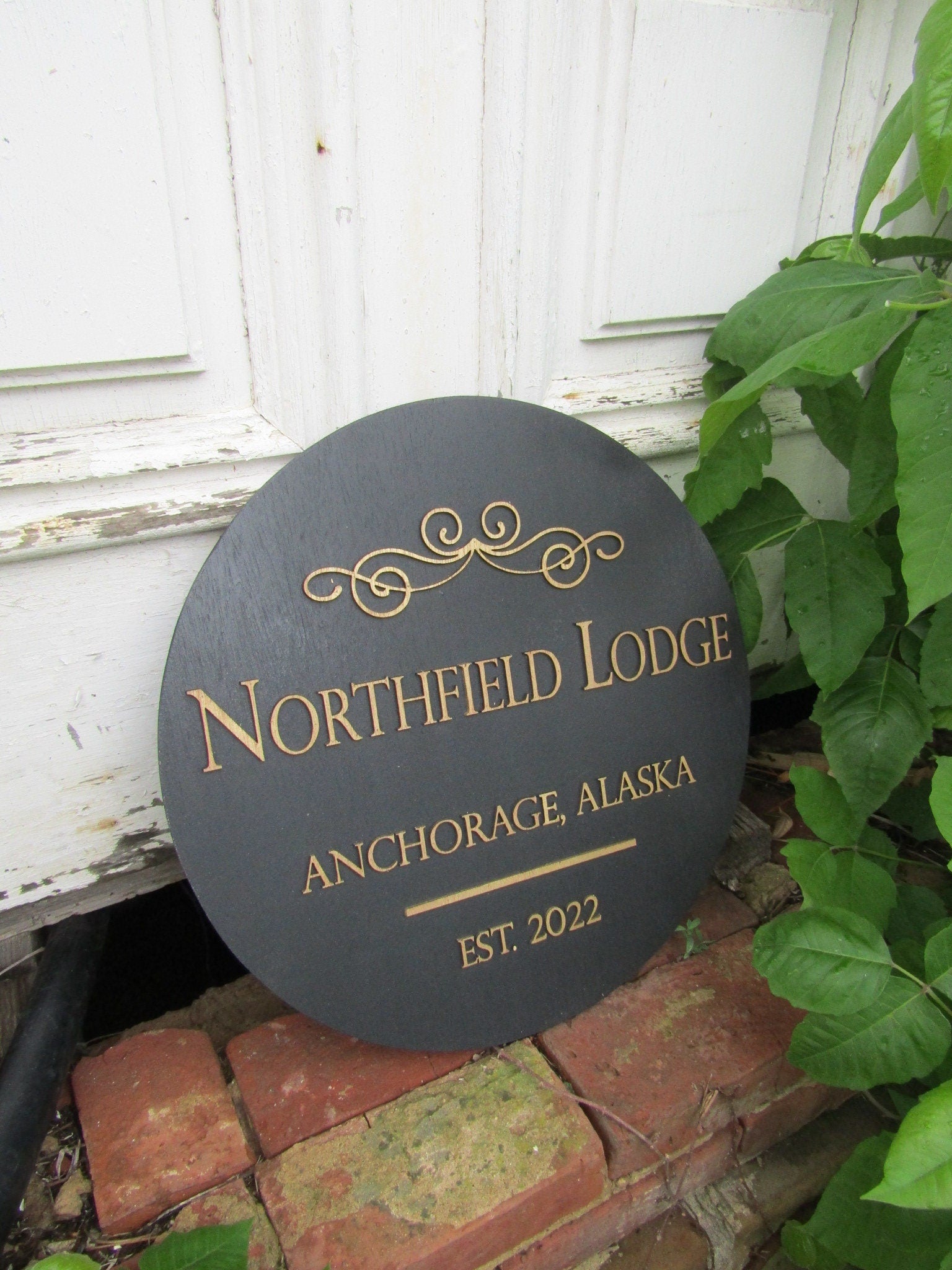 Round Lodge Sign Established Ship to Alaska Black Gold Victorian Scroll Custom Handmade Wooden Sign Raised Text 3D Vacation Outdoor Indoor