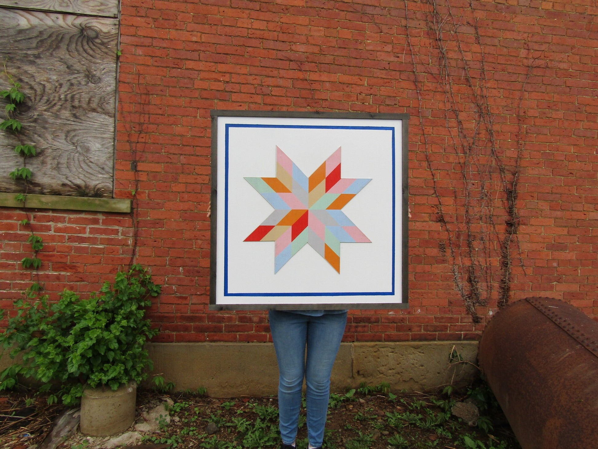 Oversized Square Barn Quilt Image Printed On Wood Color Pastel Geometrical Farmhouse Country Style Handmade Decor Star Outdoor Primitive