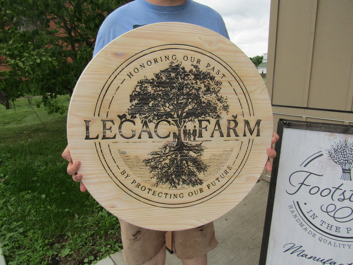 Custom Legacy Farm Carved Engraved Routed Color Filled Business Commerical Signage Your Logo Handmade Tree Oversized Pine Wood Round Sign