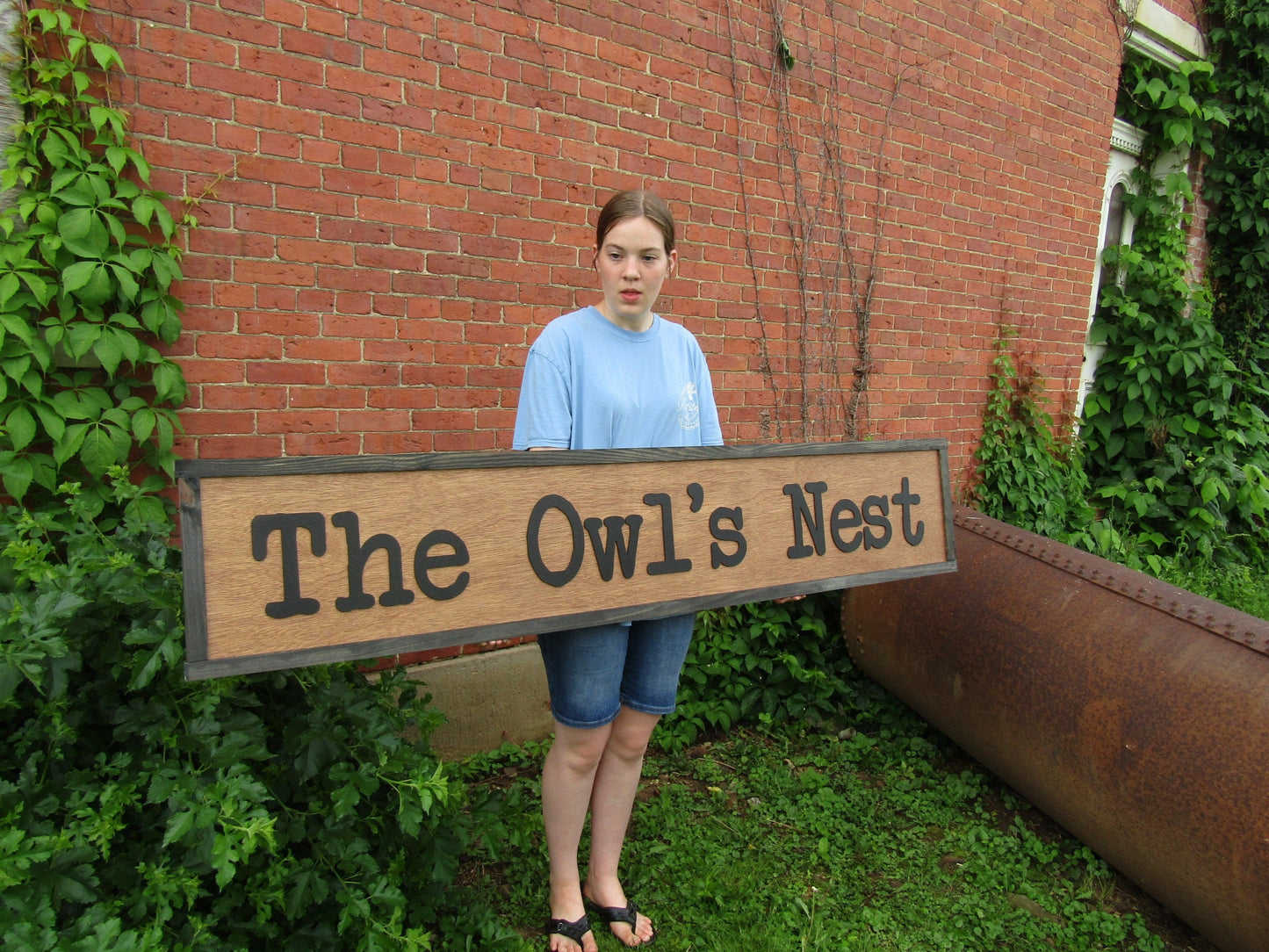 Oversized Large Custom Wooden Sign The Owls Nest Outdoors Commerical Professional Signage Personalized Typewriter Font Bird Handmade 3D