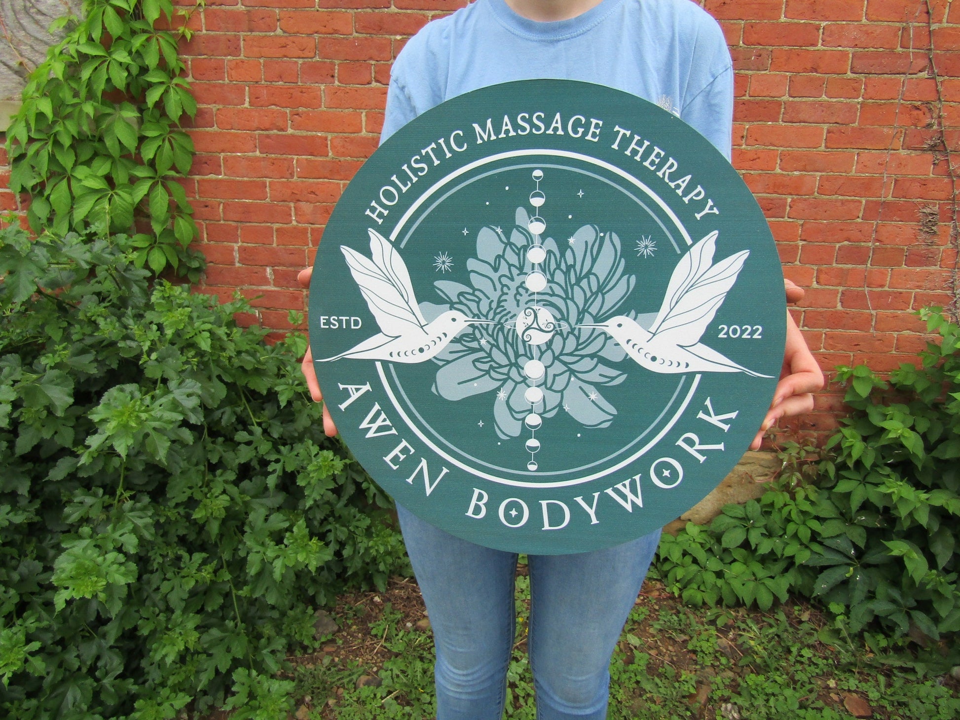 Massage Therapy Sign Bodywork Art Lotus Birds Your Logo Business Sign Commerical signage Printed On Wood Lightweight Hanging Office Sign