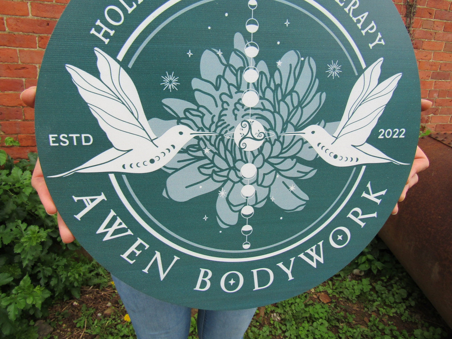 Massage Therapy Sign Bodywork Art Lotus Birds Your Logo Business Sign Commerical signage Printed On Wood Lightweight Hanging Office Sign