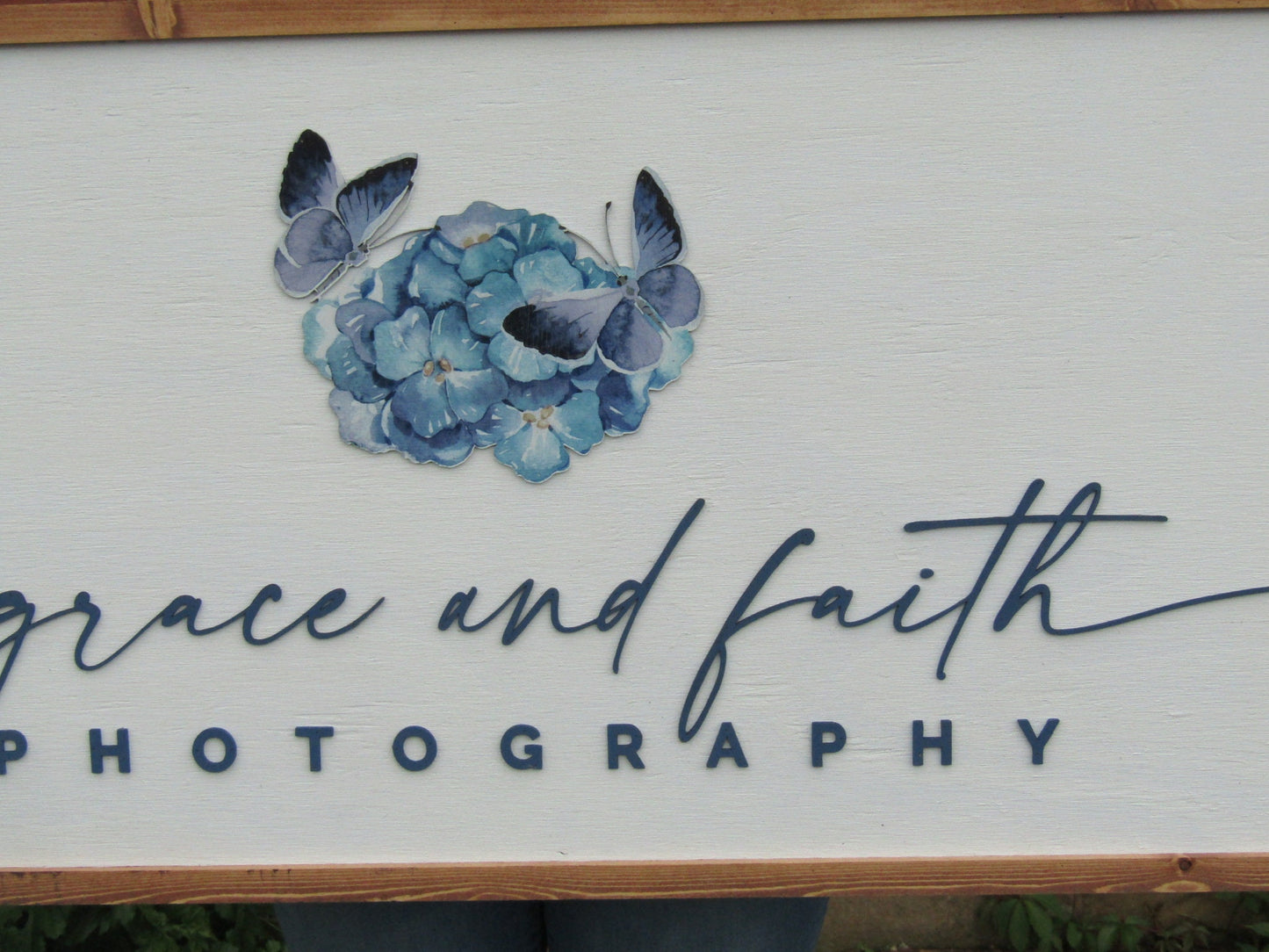 Custom Logo Photography Business Image Printed Raised Lettering Grace and Faith Butterflies Beauty Wooden Handmade Decor Photographer Sign