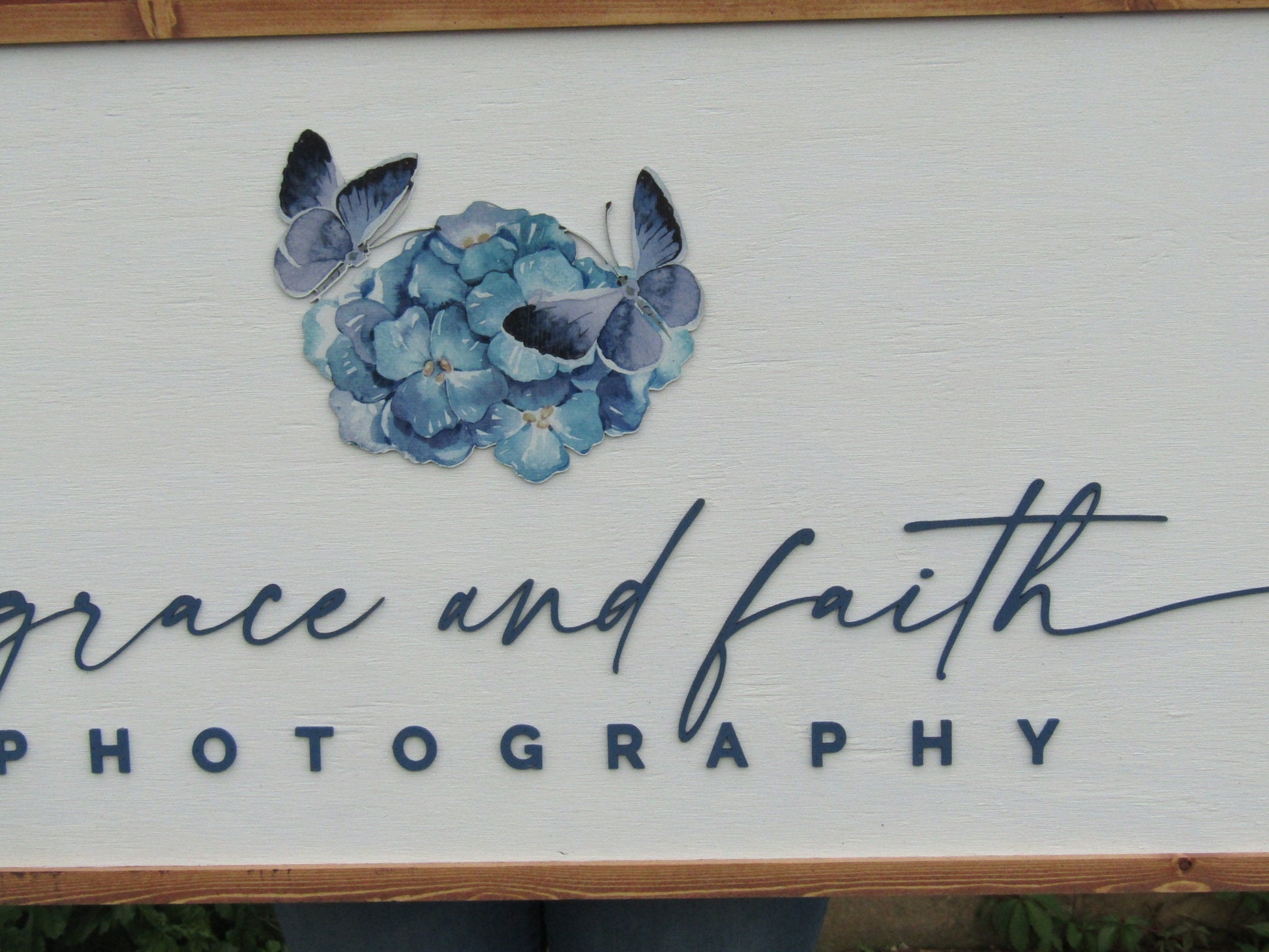 Custom Logo Photography Business Image Printed Raised Lettering Grace and Faith Butterflies Beauty Wooden Handmade Decor Photographer Sign