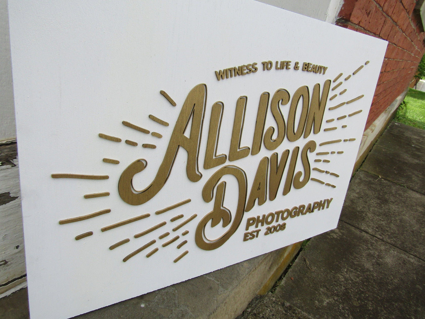 Custom Photography Sign Witness to Life & Beauty Logo Image Raised Letters 3D Gold and White Handmade Wooden Business Signage Wood