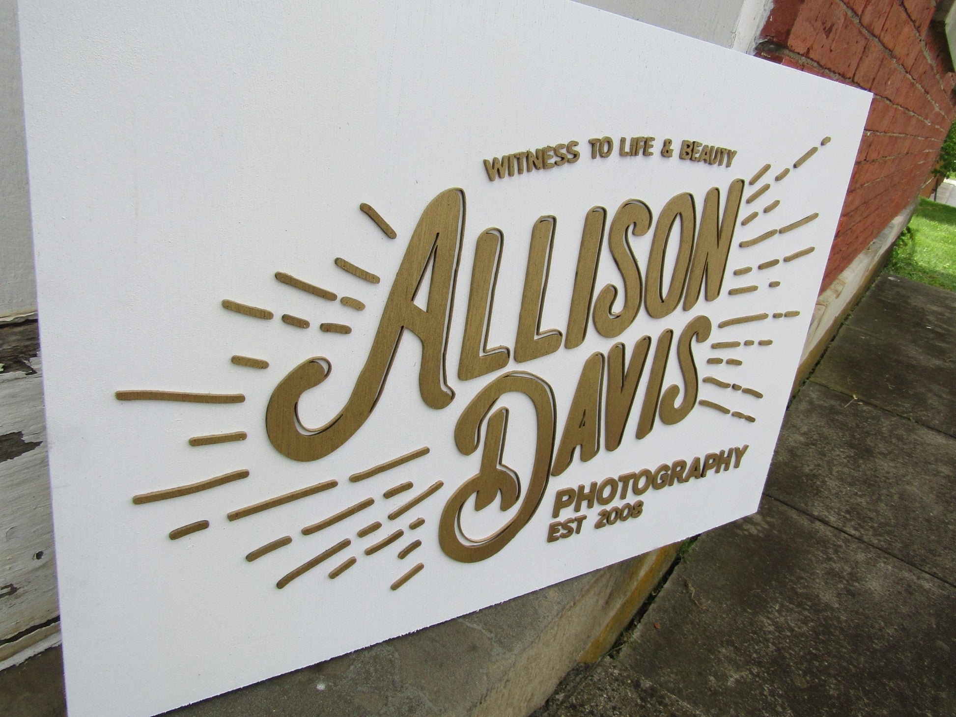 Custom Photography Sign Witness to Life & Beauty Logo Image Raised Letters 3D Gold and White Handmade Wooden Business Signage Wood