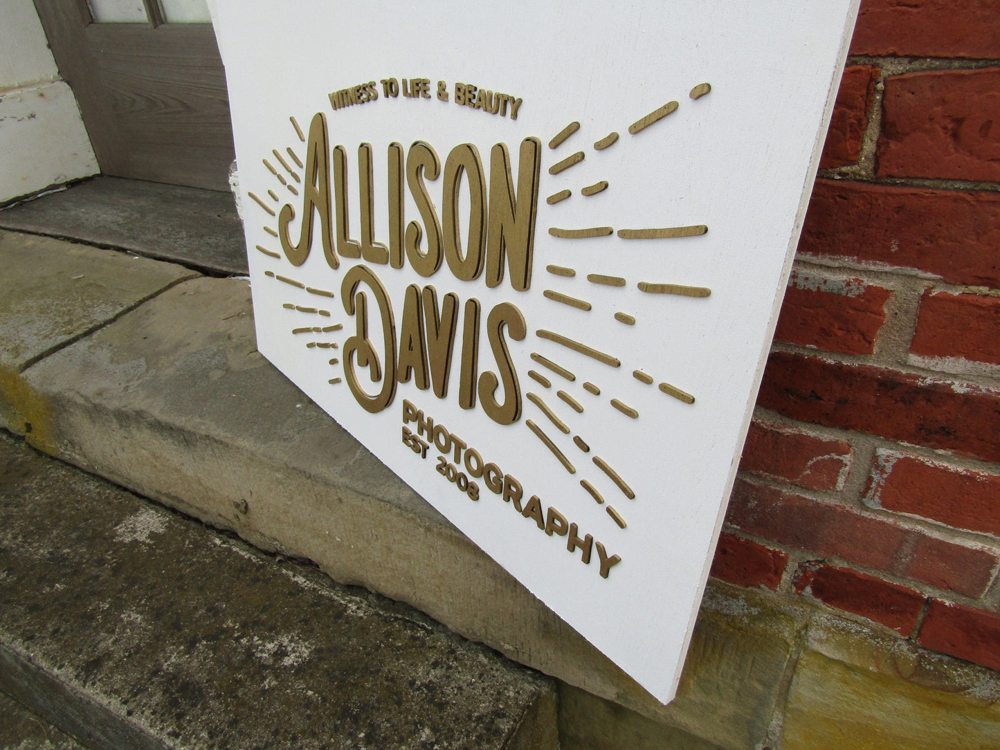 Custom Photography Sign Witness to Life & Beauty Logo Image Raised Letters 3D Gold and White Handmade Wooden Business Signage Wood