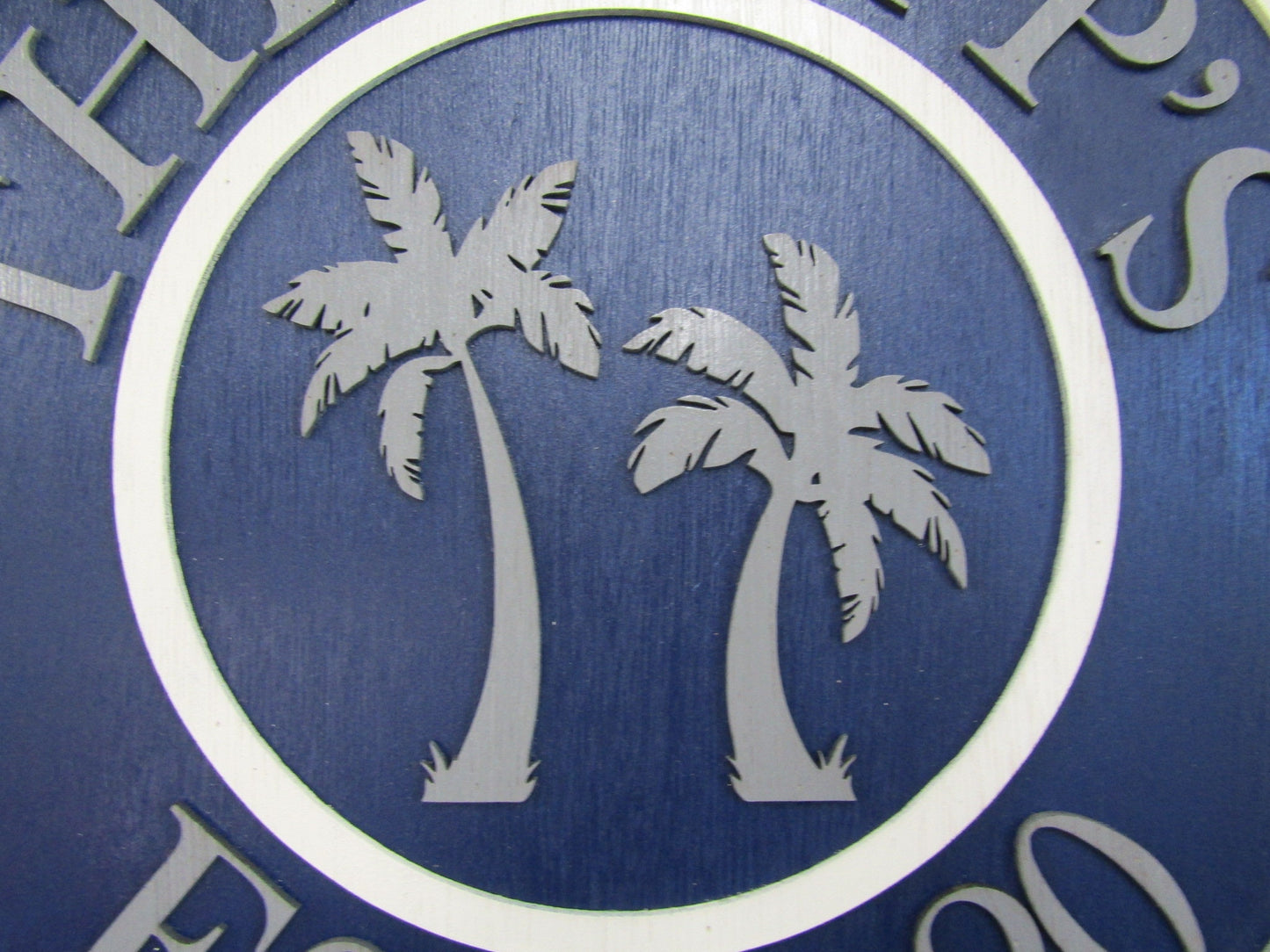 Beach House Theme Custom Made Sign Palm Trees Established Wedding Gift Last Name Round 3d Sign Personalized Handmade Wooden Home Sign