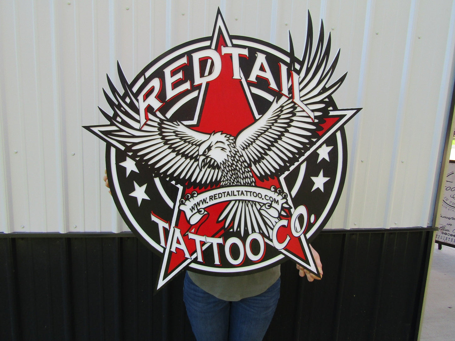 Custom Business Logo Tattoo Studio Red Tail Hawk Oversized Wooden Commerical Sign Store Front 3D Raised Text Image Your Logo Handmade
