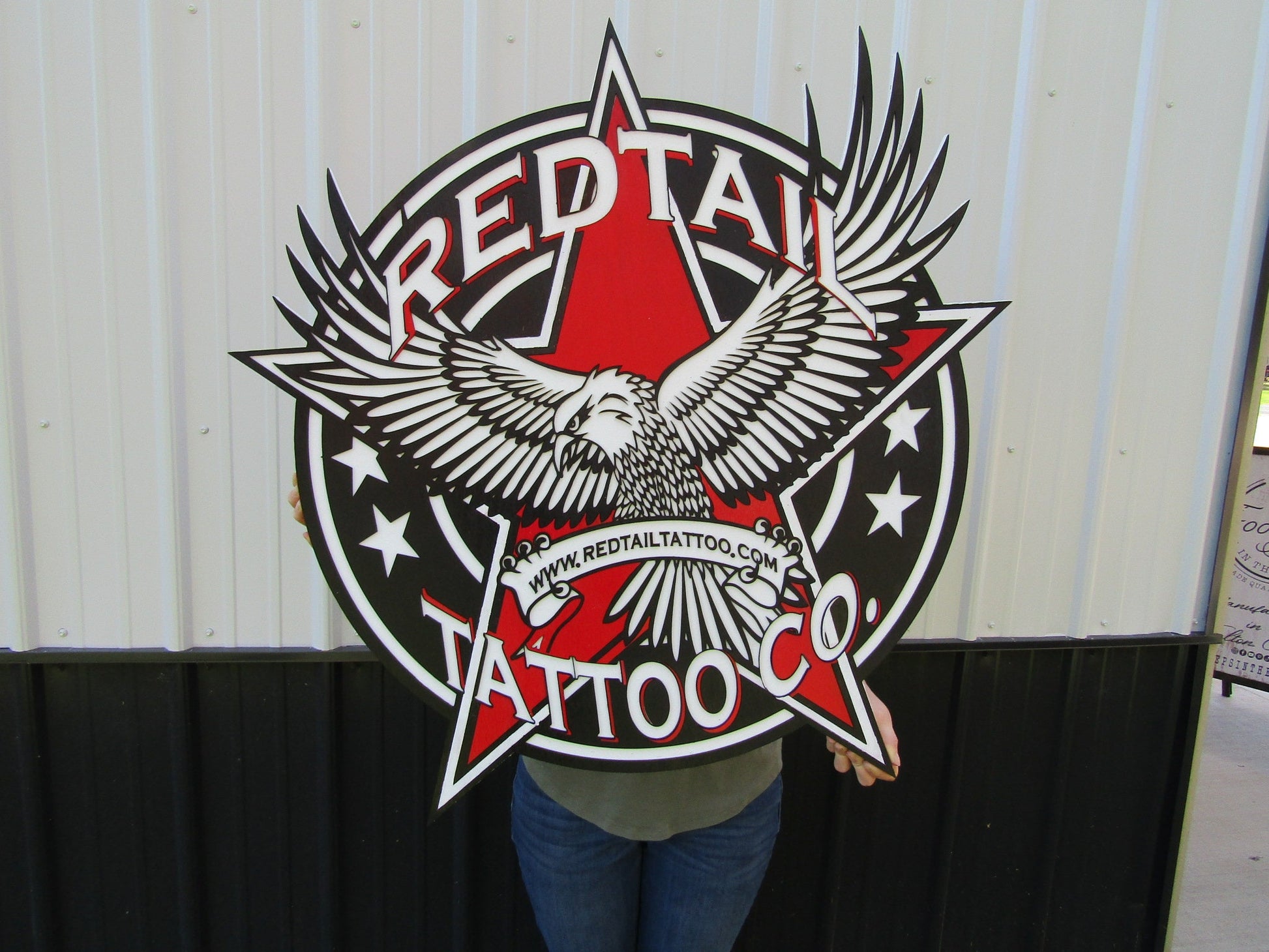 Custom Business Logo Tattoo Studio Red Tail Hawk Oversized Wooden Commerical Sign Store Front 3D Raised Text Image Your Logo Handmade