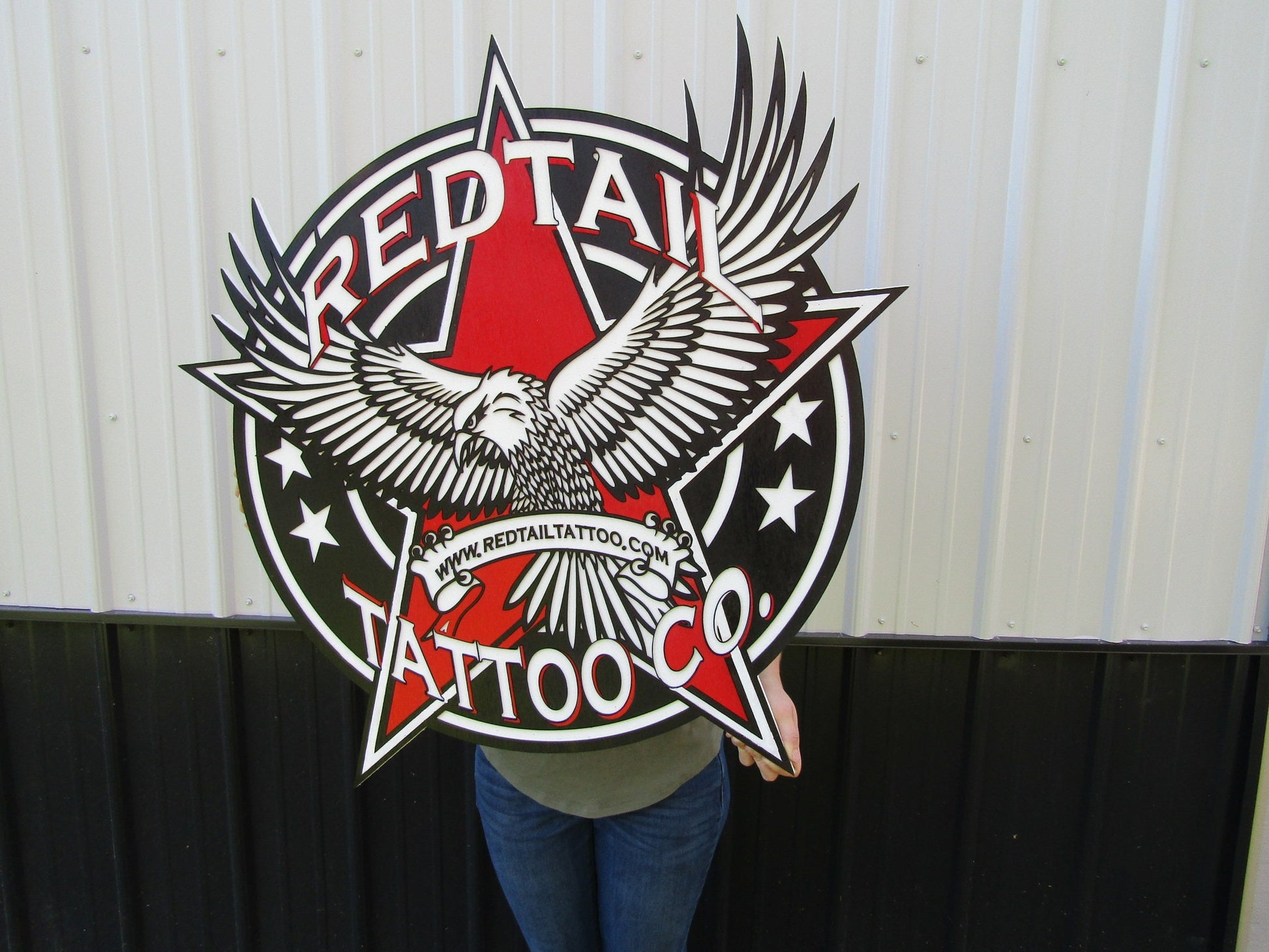 Custom Business Logo Tattoo Studio Red Tail Hawk Oversized Wooden Commerical Sign Store Front 3D Raised Text Image Your Logo Handmade