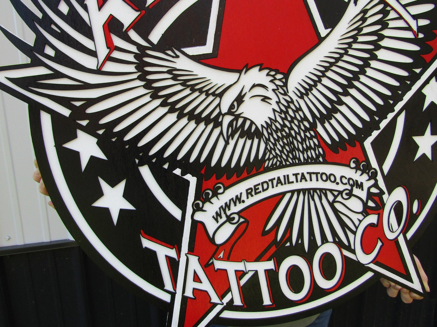 Custom Business Logo Tattoo Studio Red Tail Hawk Oversized Wooden Commerical Sign Store Front 3D Raised Text Image Your Logo Handmade