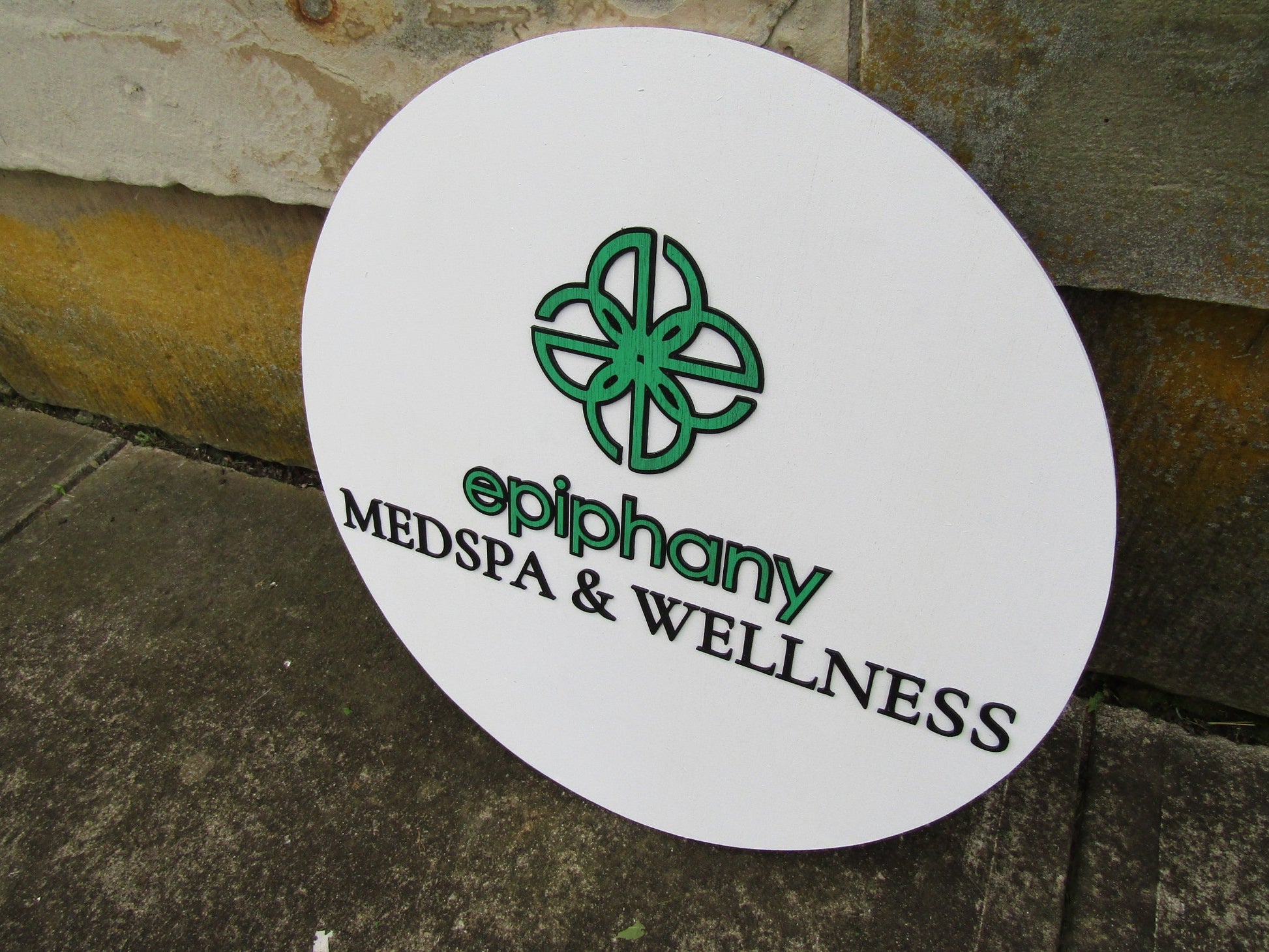 Epiphany Custom Round Business Commerical Signage MedSpa And Wellness Made to Order Store Front Small Shop Logo Circle Wooden Handmade