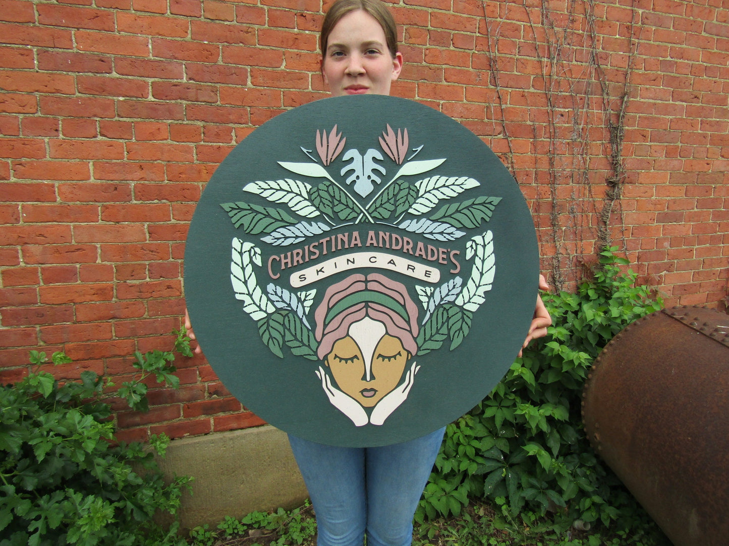 Custom Skincare Beautiful Garden Face Hands Actual Logo Spa Wellness Handmade Wooden Round Sign Commerical Signage 3D Natural Tropical