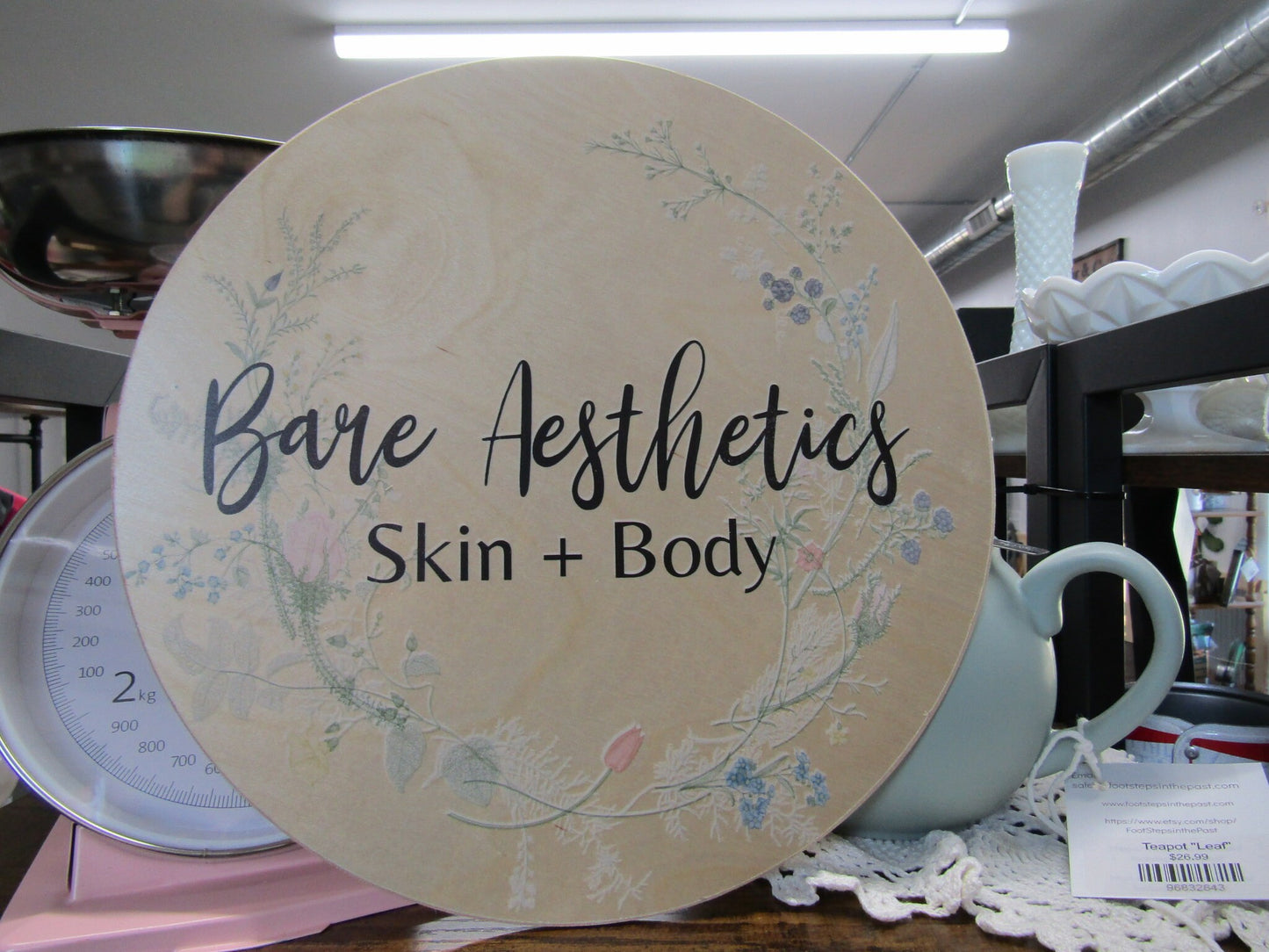 Custom Bare Aesthetics Skin and Body Round Floral Lightweight Business Small Shop Printed Wood Your Logo Circle Booth Vendor Table Wall Sign