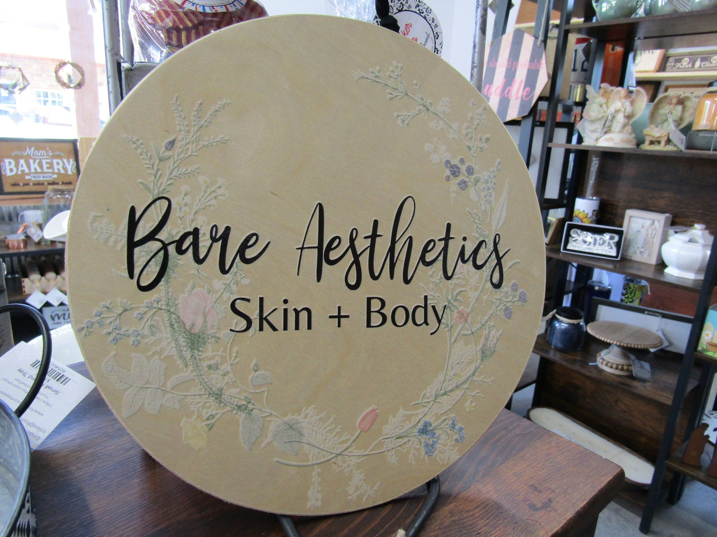 Custom Bare Aesthetics Skin and Body Round Floral Lightweight Business Small Shop Printed Wood Your Logo Circle Booth Vendor Table Wall Sign
