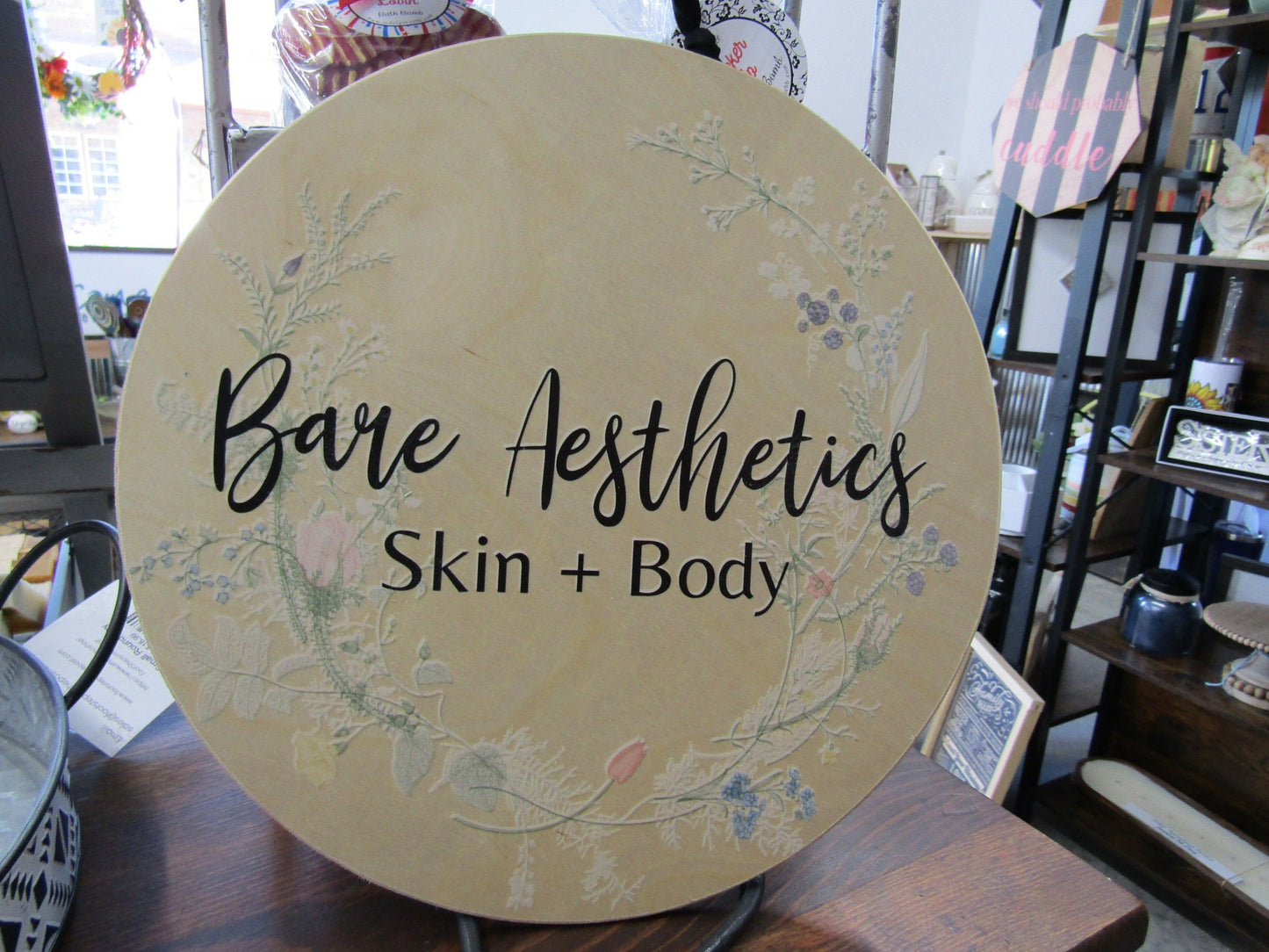 Custom Bare Aesthetics Skin and Body Round Floral Lightweight Business Small Shop Printed Wood Your Logo Circle Booth Vendor Table Wall Sign