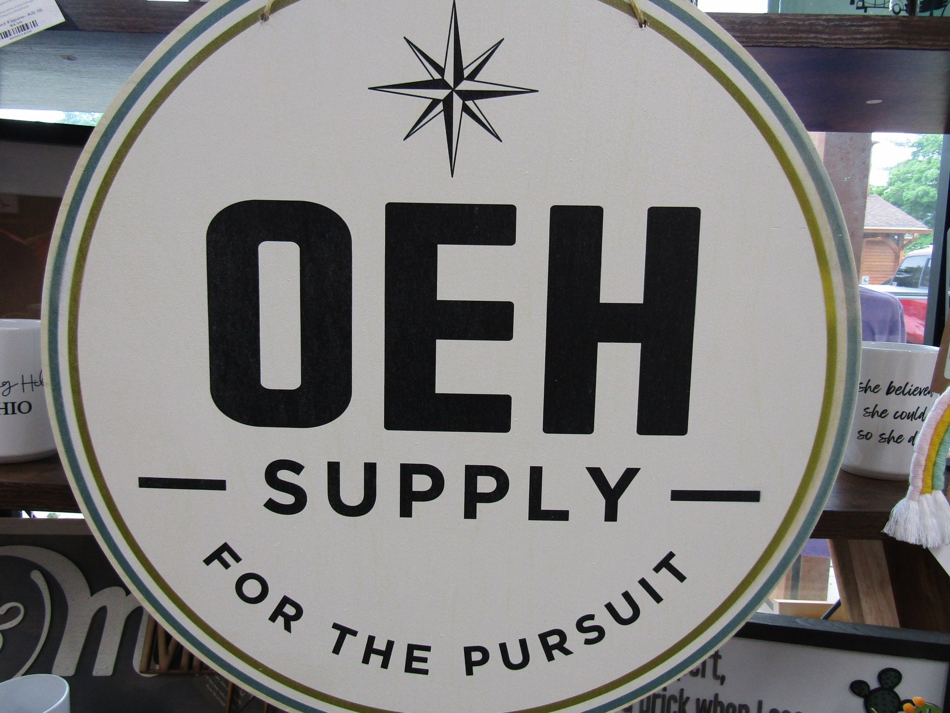 Supply Company Sign OEH Pursuit Compass Logo Personalized Customized Lightweight Affordable Booth Vendor Door Hanger Signage UV Printed Wood