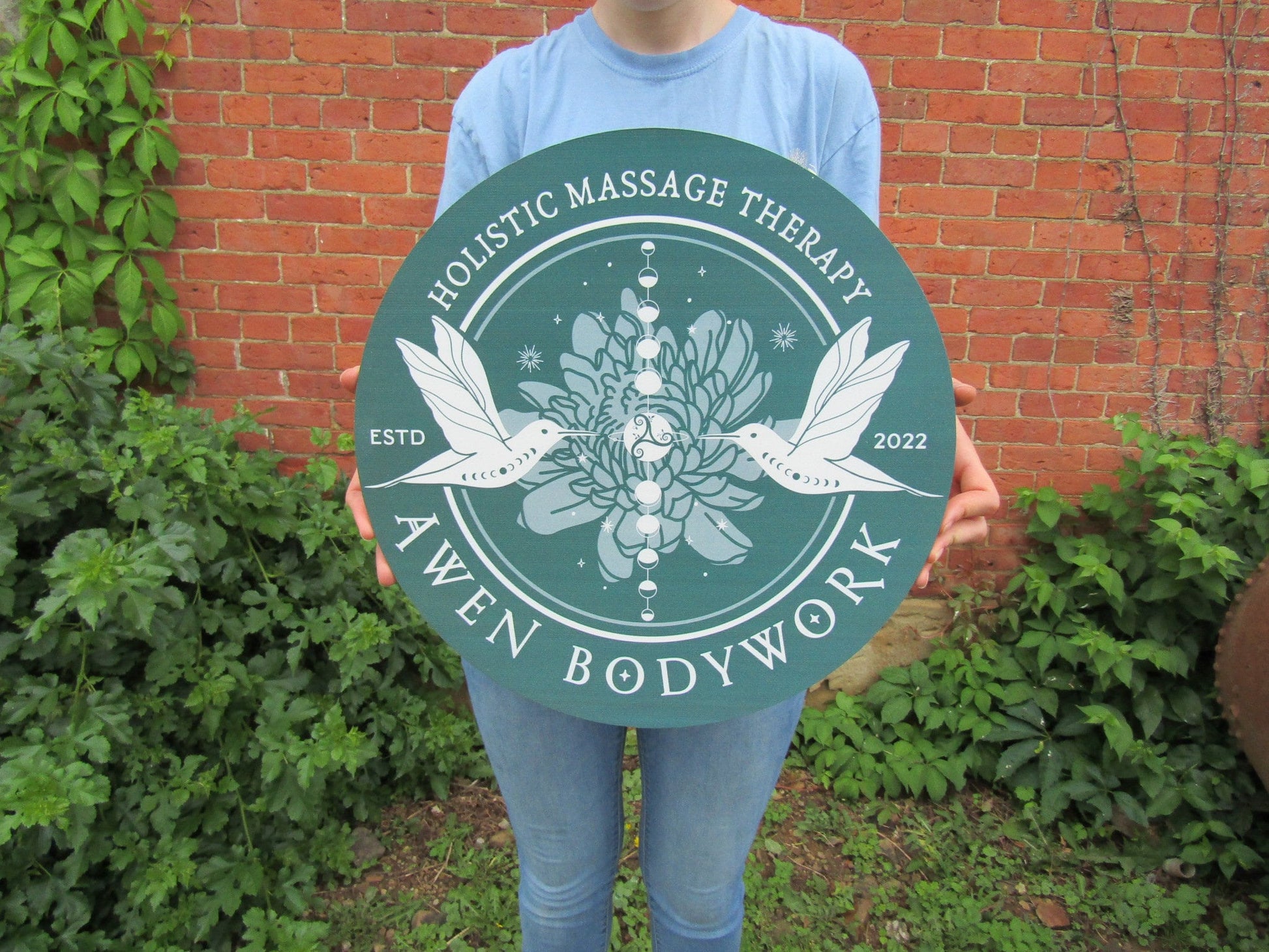 Massage Therapy Sign Bodywork Art Lotus Birds Your Logo Business Sign Commerical signage Printed On Wood Lightweight Hanging Office Sign