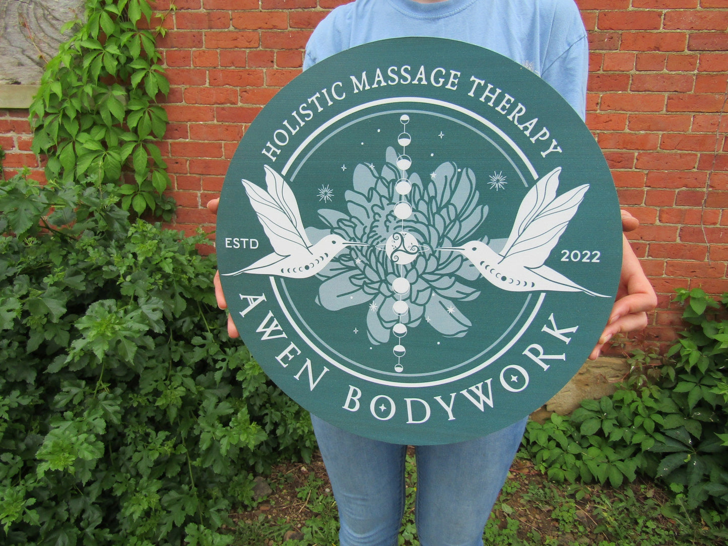 Massage Therapy Sign Bodywork Art Lotus Birds Your Logo Business Sign Commerical signage Printed On Wood Lightweight Hanging Office Sign