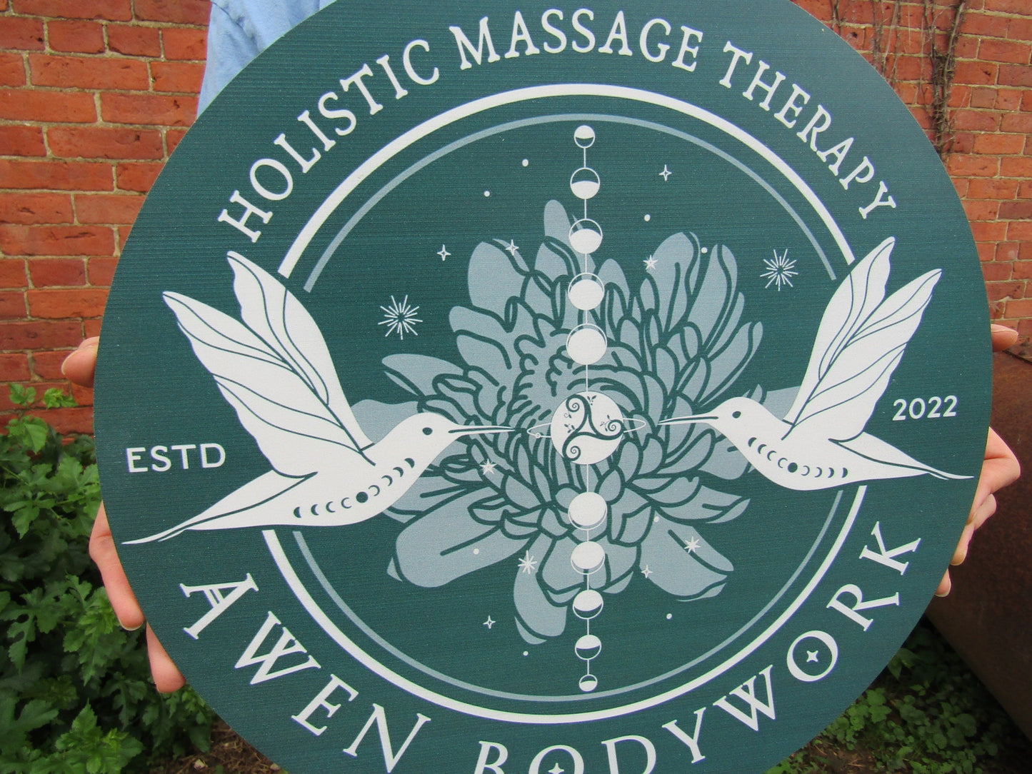 Massage Therapy Sign Bodywork Art Lotus Birds Your Logo Business Sign Commerical signage Printed On Wood Lightweight Hanging Office Sign