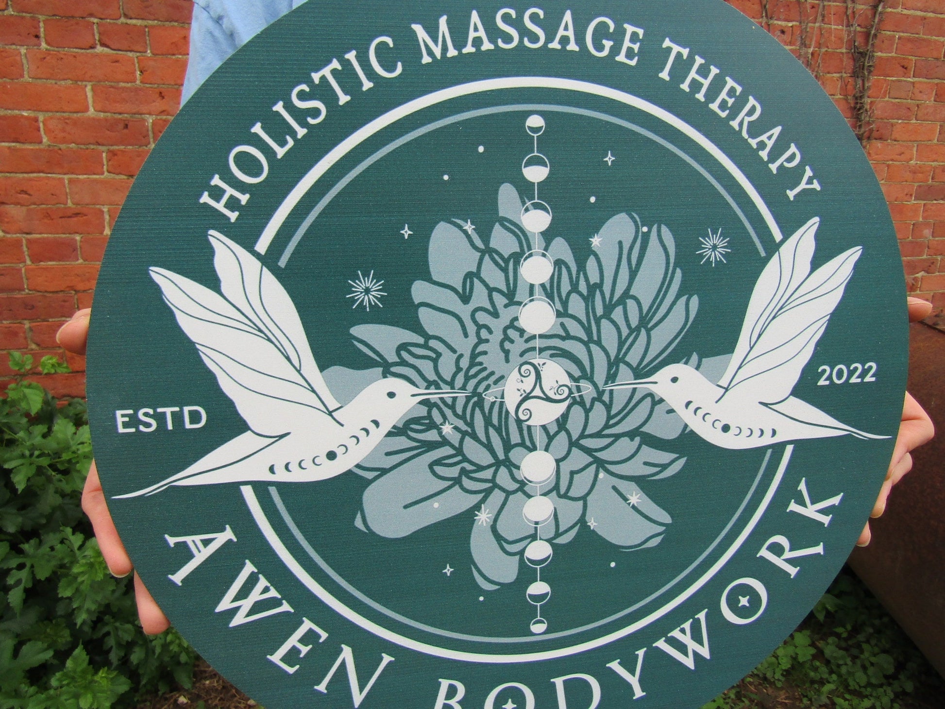 Massage Therapy Sign Bodywork Art Lotus Birds Your Logo Business Sign Commerical signage Printed On Wood Lightweight Hanging Office Sign