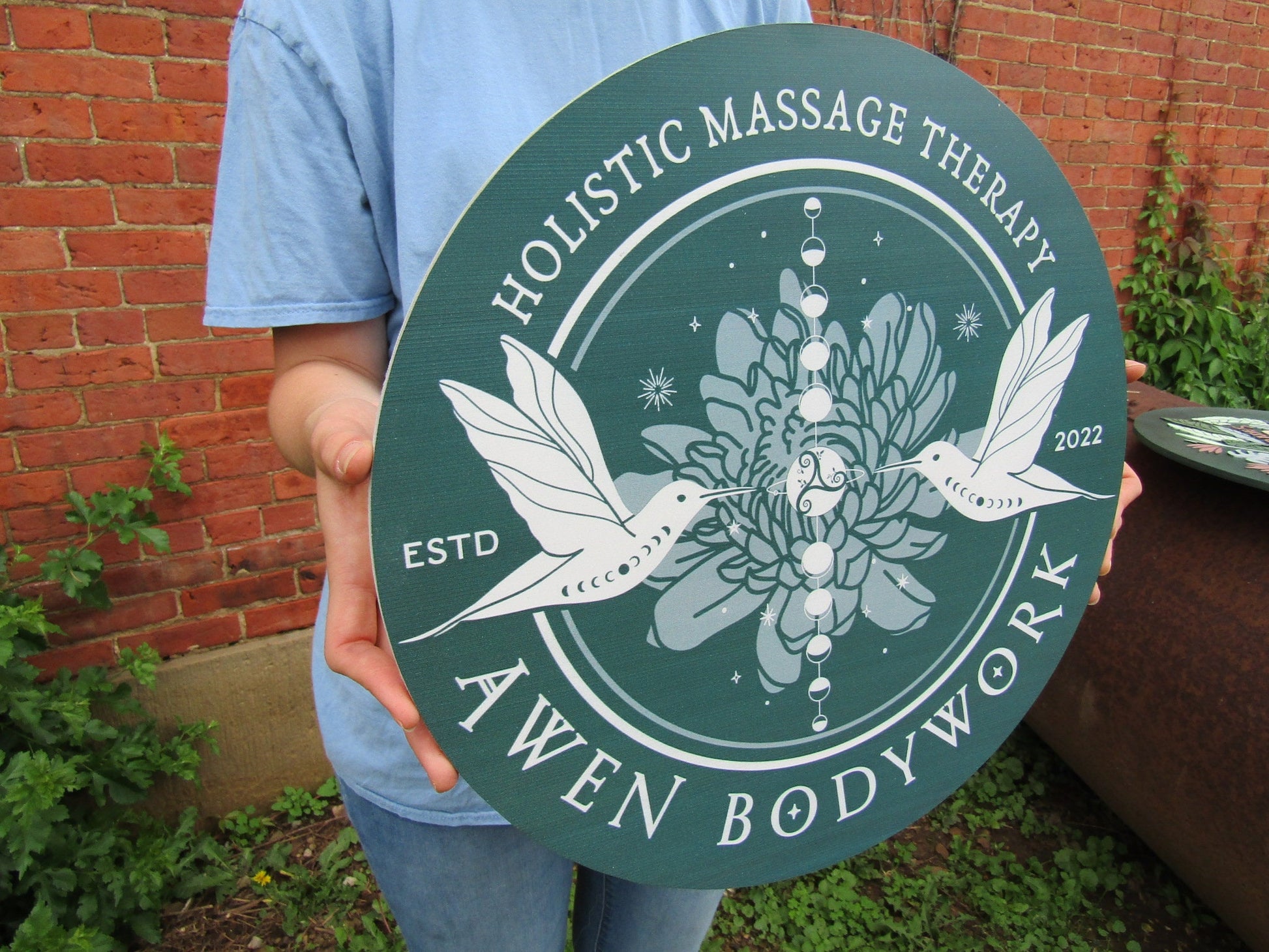 Massage Therapy Sign Bodywork Art Lotus Birds Your Logo Business Sign Commerical signage Printed On Wood Lightweight Hanging Office Sign