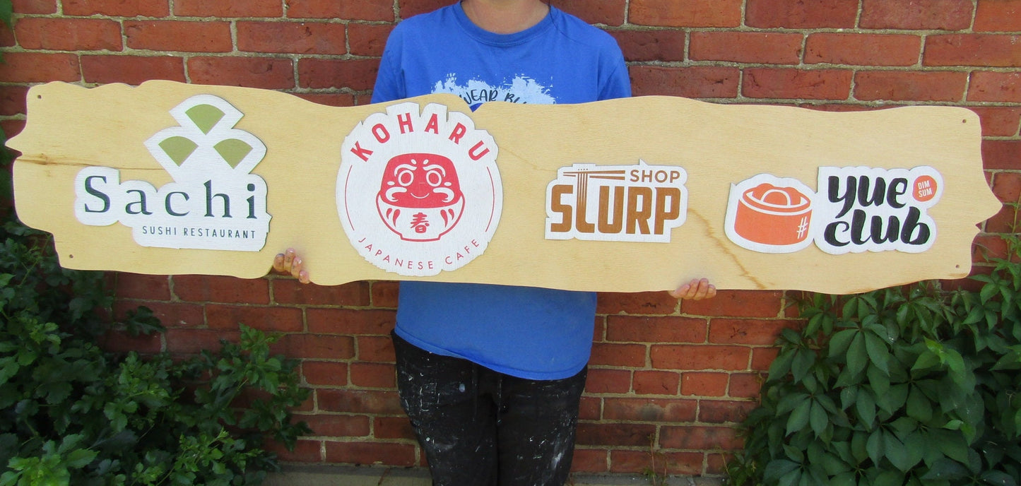 Eatery Mock Live Edge Logo Product Sushi Slurp Japanese Cafe Yuo Club Food Court Sign Commerical Signage Color Print Wooden Sign Handmade