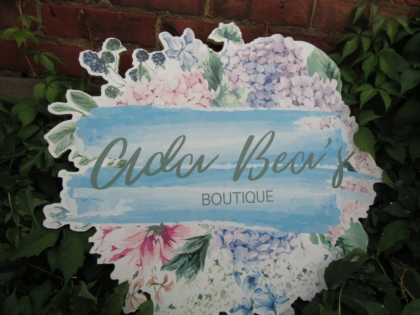 Printed Flower Watercolor Boutique Wooden Sign Commercial Signage Hydrangea Pretty Color Round Custom Personalized Business Front Sign