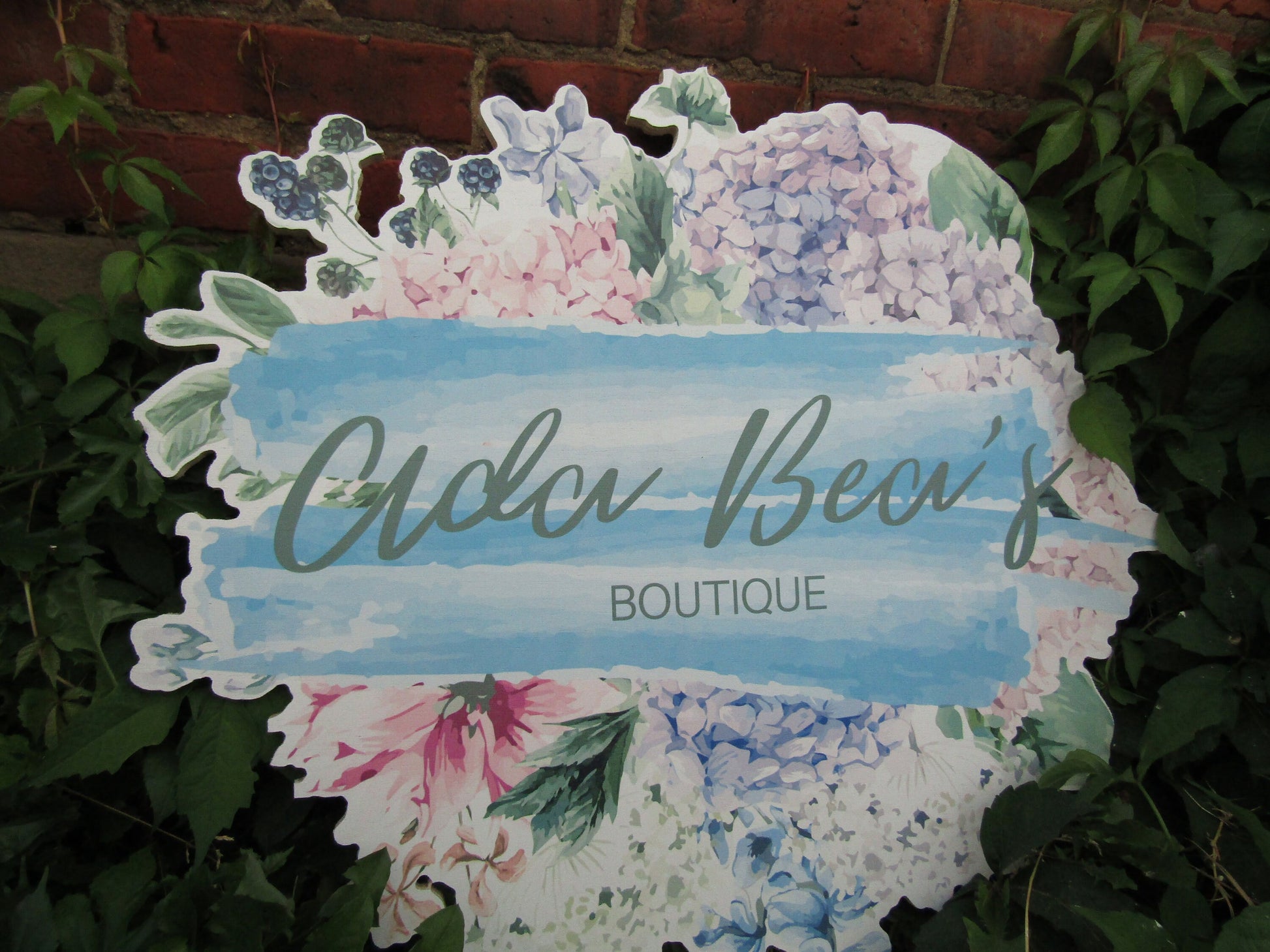 Printed Flower Watercolor Boutique Wooden Sign Commercial Signage Hydrangea Pretty Color Round Custom Personalized Business Front Sign