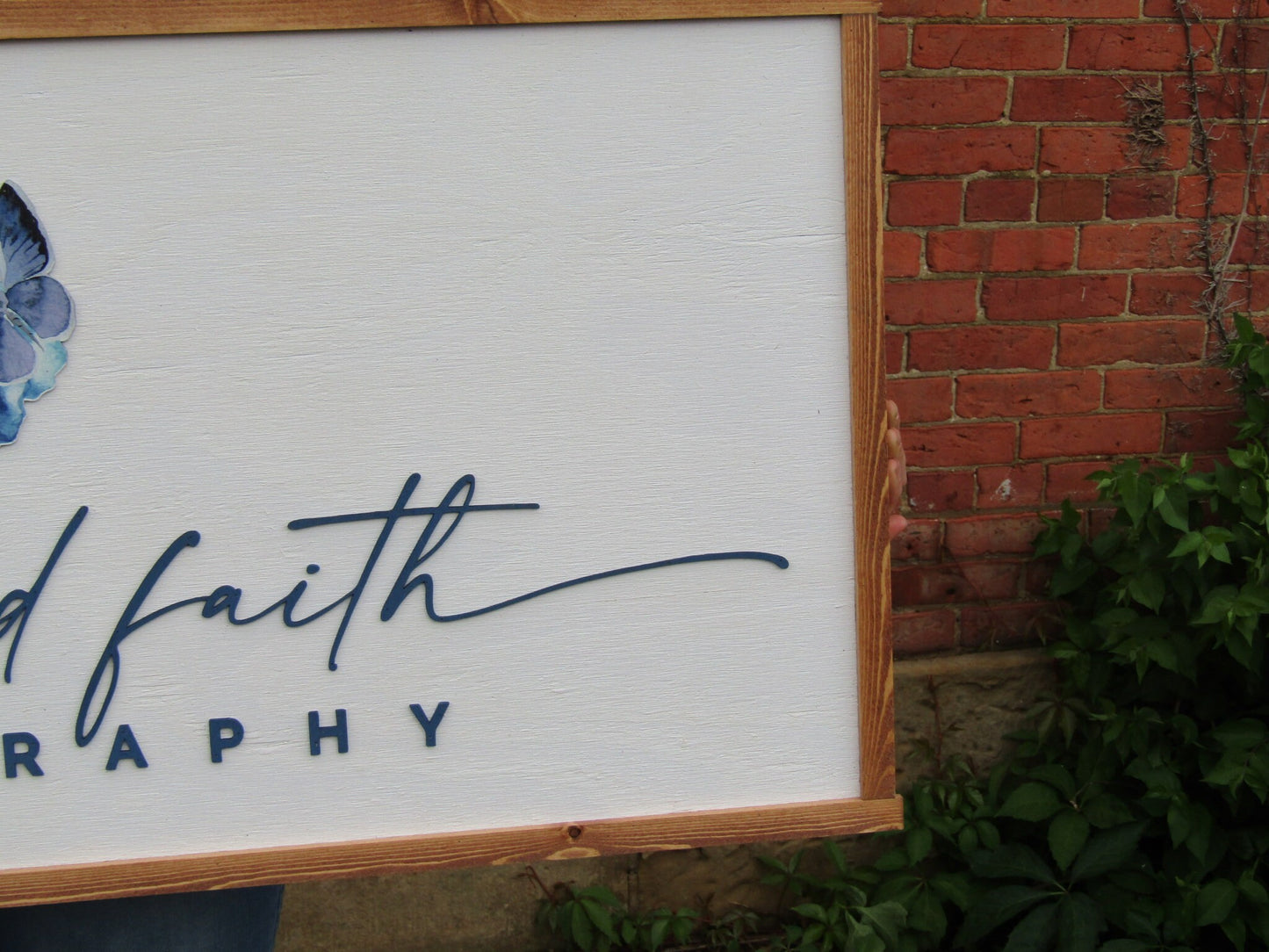 Custom Logo Photography Business Image Printed Raised Lettering Grace and Faith Butterflies Beauty Wooden Handmade Decor Photographer Sign