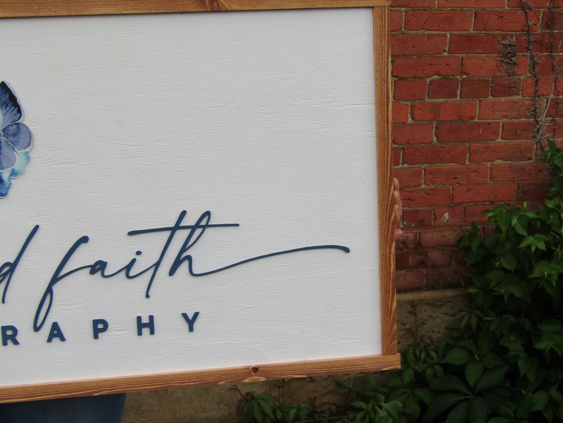 Custom Logo Photography Business Image Printed Raised Lettering Grace and Faith Butterflies Beauty Wooden Handmade Decor Photographer Sign