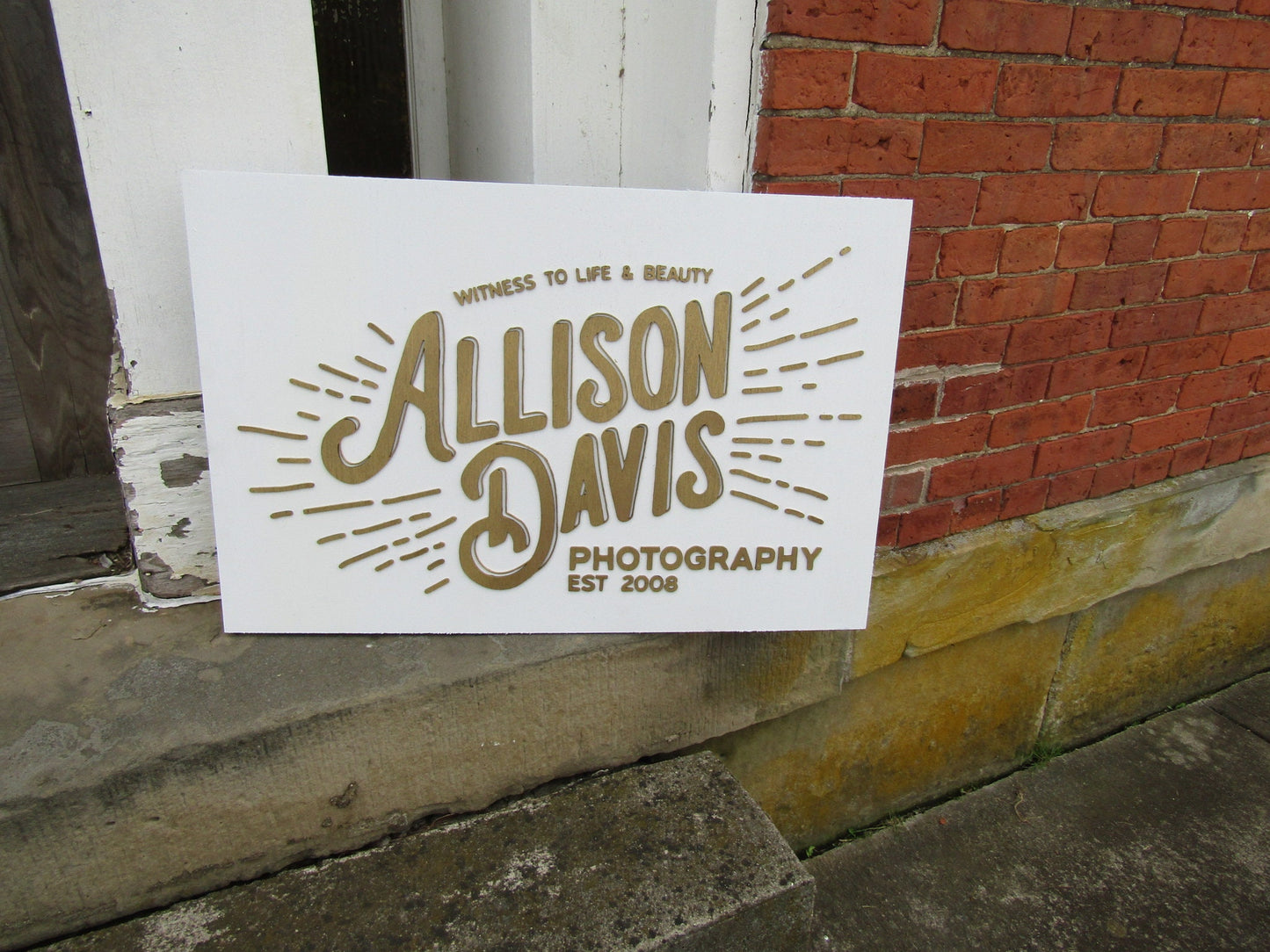 Custom Photography Sign Witness to Life & Beauty Logo Image Raised Letters 3D Gold and White Handmade Wooden Business Signage Wood