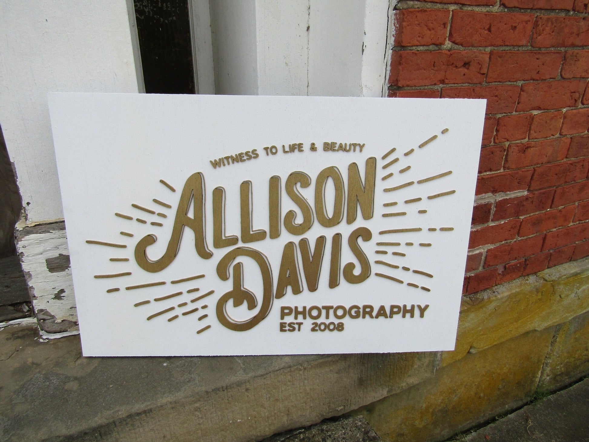 Custom Photography Sign Witness to Life & Beauty Logo Image Raised Letters 3D Gold and White Handmade Wooden Business Signage Wood