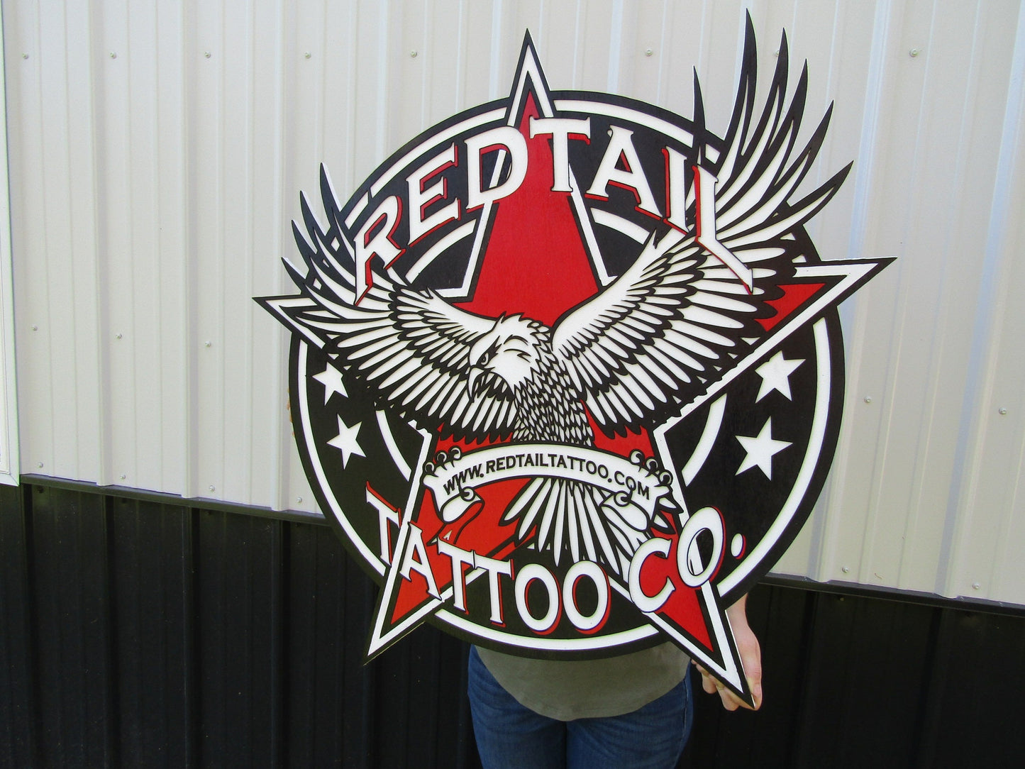 Custom Business Logo Tattoo Studio Red Tail Hawk Oversized Wooden Commerical Sign Store Front 3D Raised Text Image Your Logo Handmade