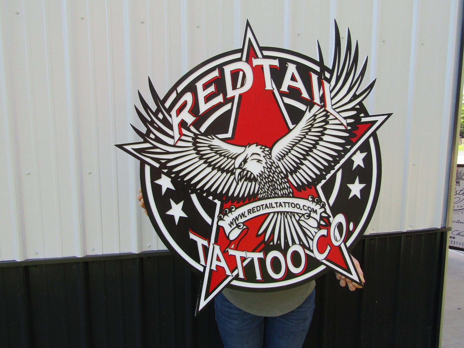Custom Business Logo Tattoo Studio Red Tail Hawk Oversized Wooden Commerical Sign Store Front 3D Raised Text Image Your Logo Handmade