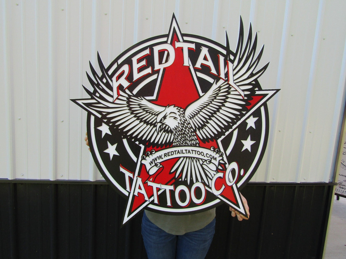 Custom Business Logo Tattoo Studio Red Tail Hawk Oversized Wooden Commerical Sign Store Front 3D Raised Text Image Your Logo Handmade